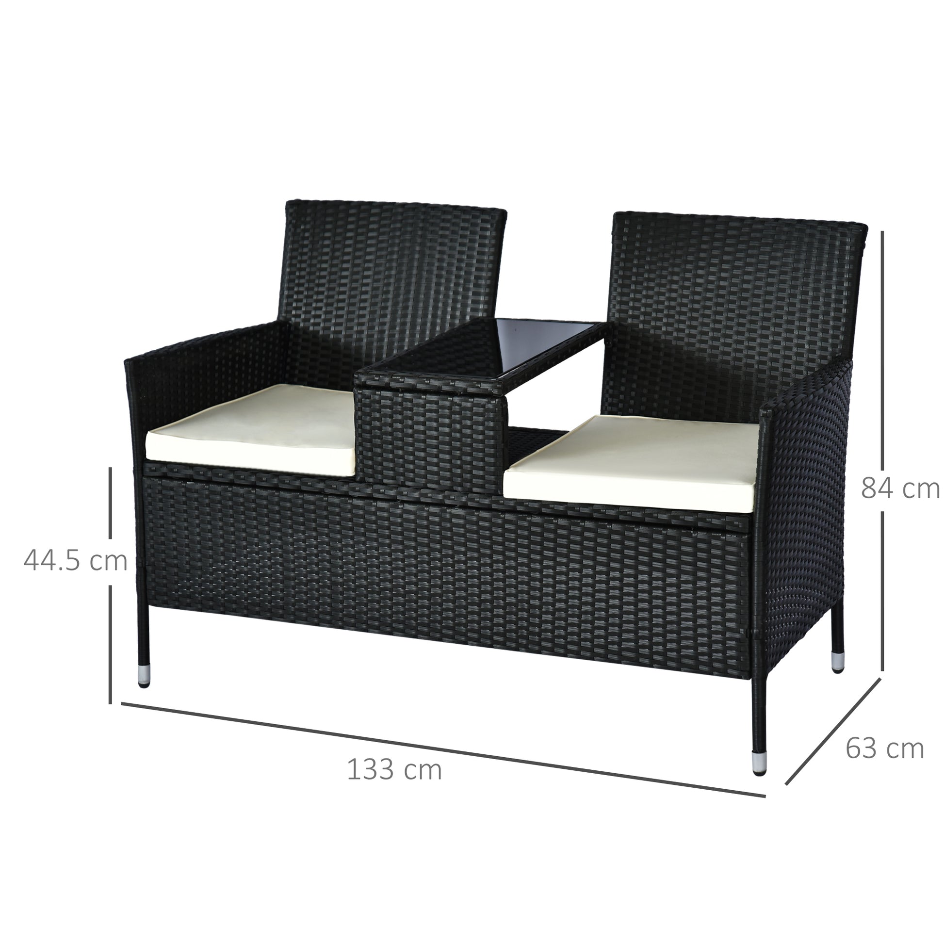 Outsunny Modern Black Rattan Loveseat Set with Cushions & Glass Table for Outdoor Patio - ALL4U RETAILER LTD