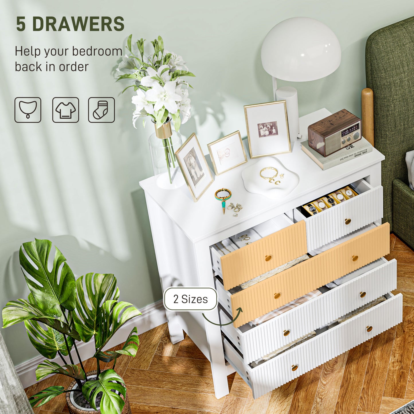 HOMCOM White Five Drawer Chest With Textured Fronts And Gold Tone Knobs For Elegant Bedroom Storage
