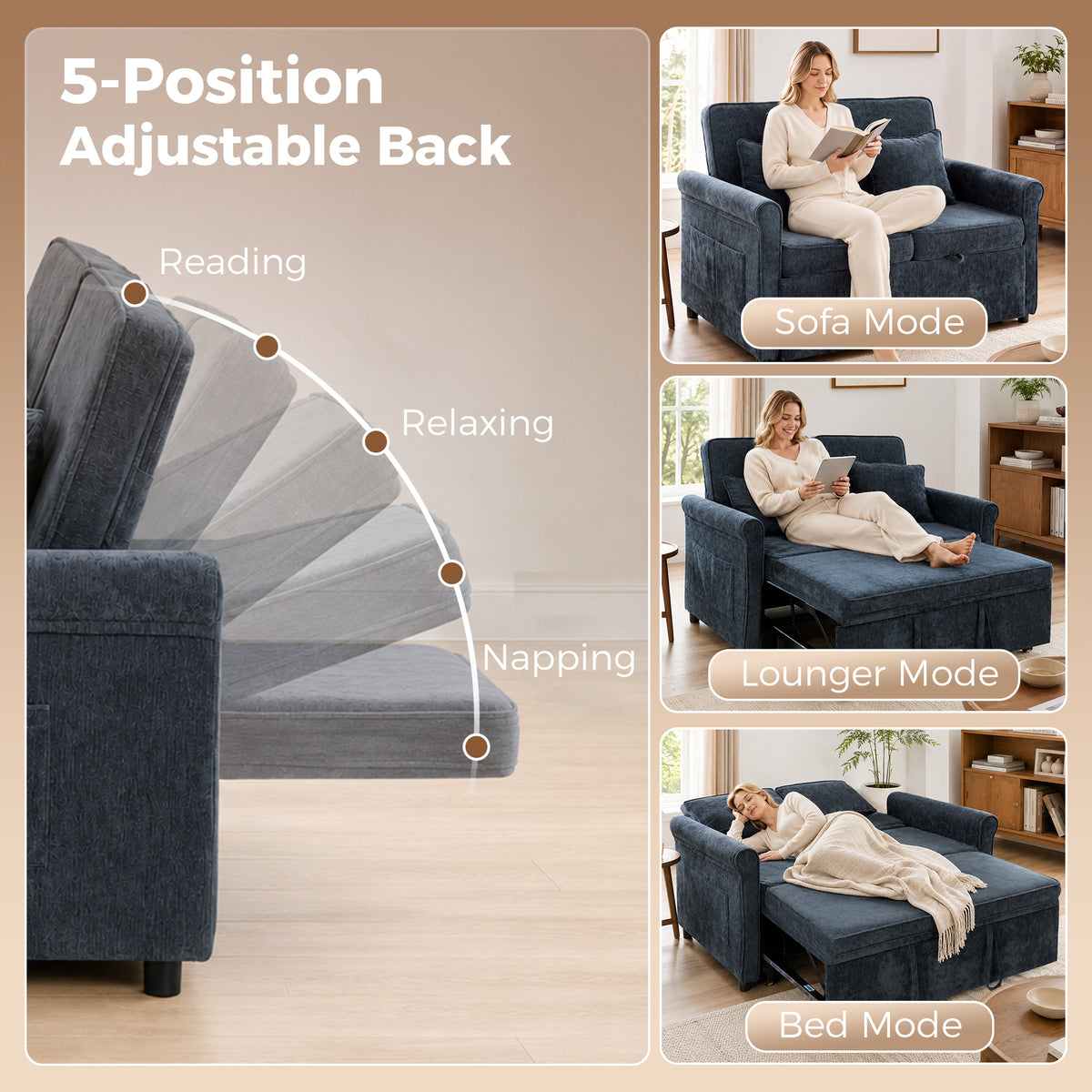 Dark blue sofa bed with adjustable backrest, shown in five positions