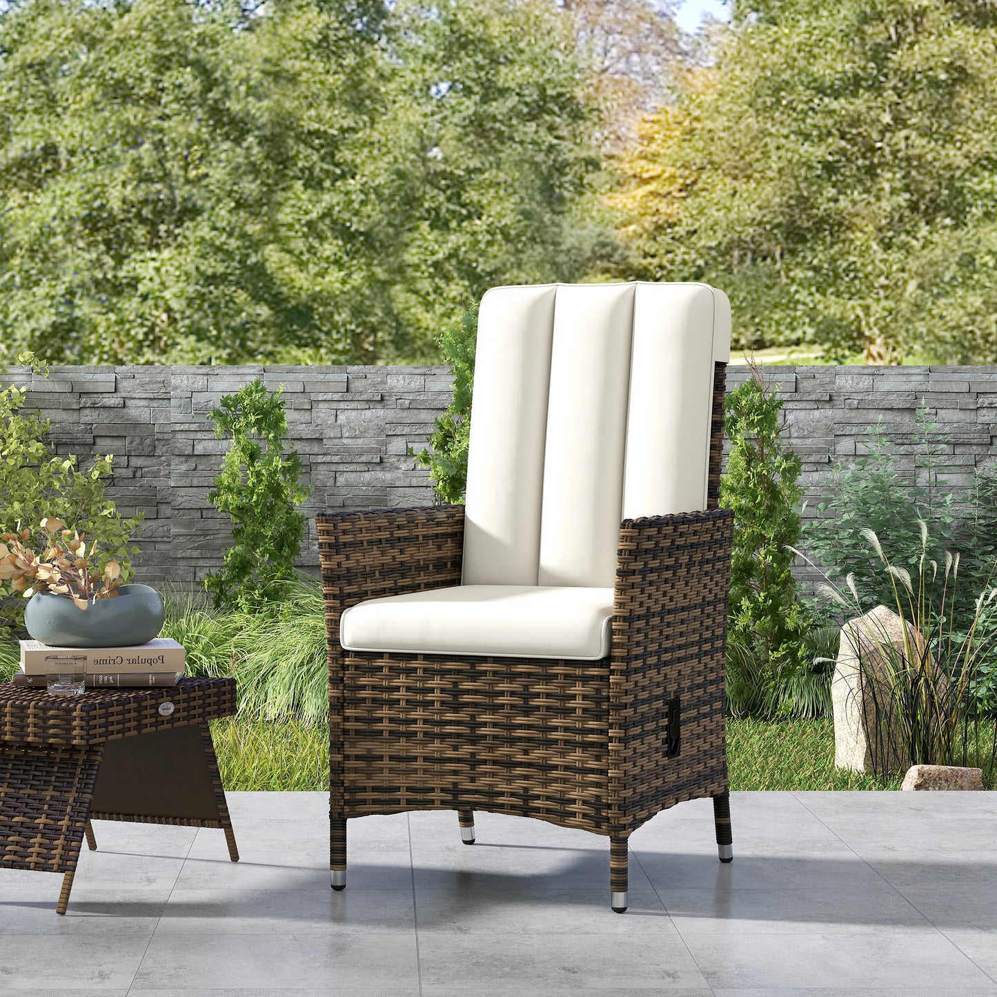 Outsunny Cream Reclining Rattan Chair With Adjustable Back 105 To 150 Degrees Cushioned Seat