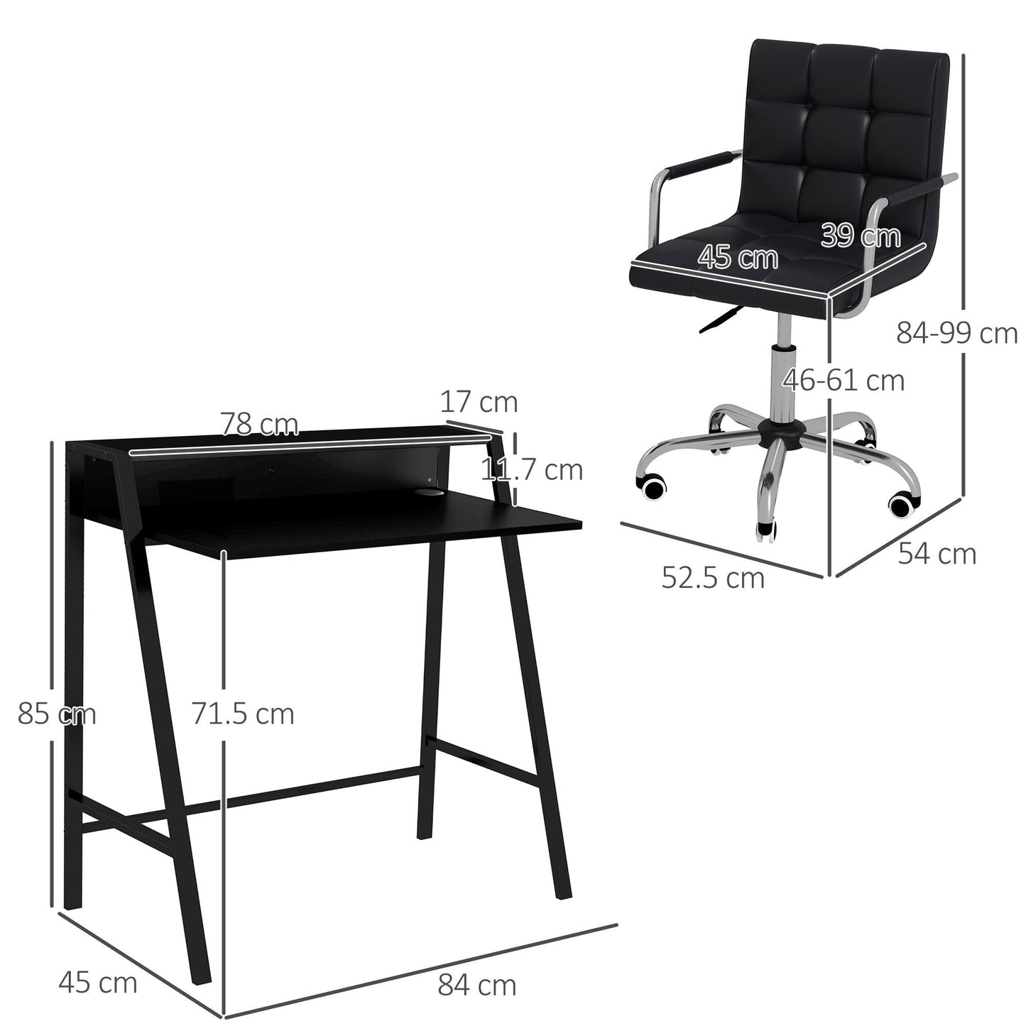 HOMCOM Black Faux Leather Office Chair and Desk Set with Swivel Wheels - ALL4U RETAILER LTD