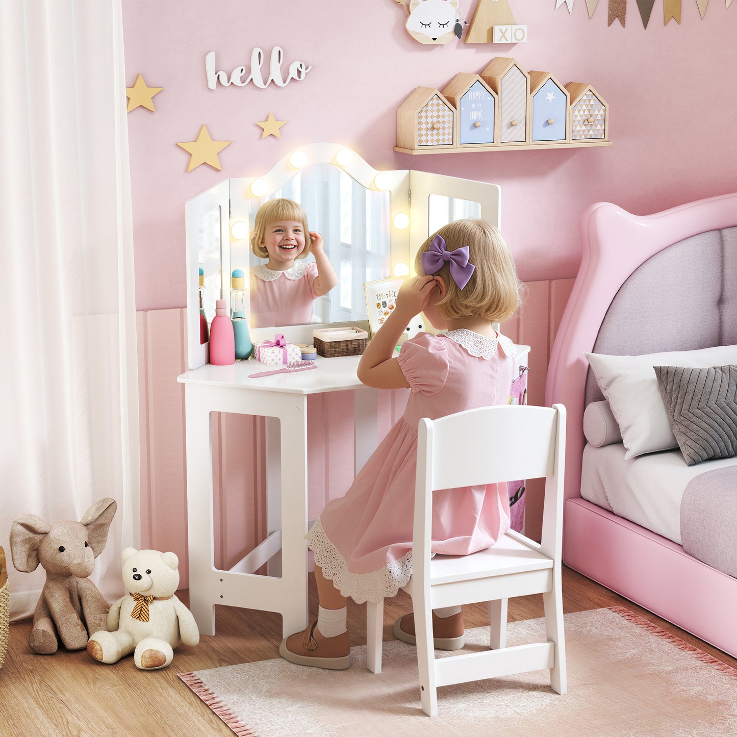 AIYAPLAY Girls Vanity Table And Stool Set With Tri Folding Mirror And Two Color LED Lights White