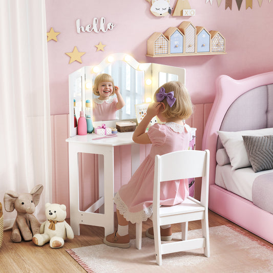 AIYAPLAY Girls Vanity Table And Stool Set With Tri Folding Mirror And Two Color LED Lights White