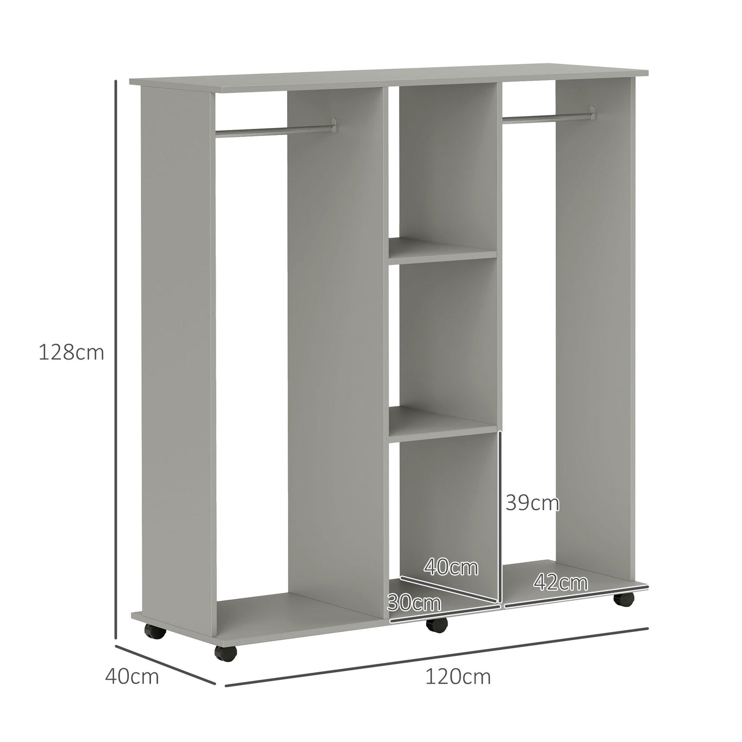HOMCOM Open Wardrobe Double Mobile Storage Shelves Organizer With Six Wheels Grey