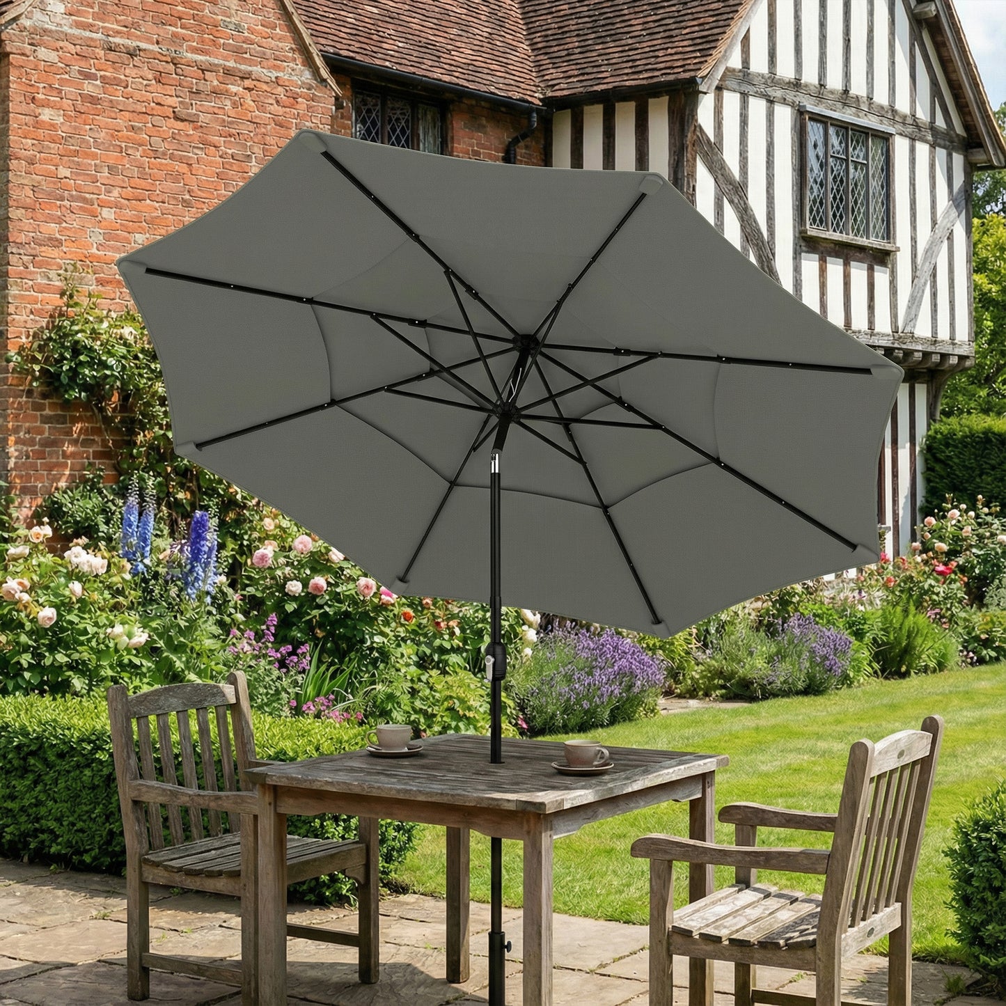 Outsunny Garden Parasol 3 Tier Roof Tilt Function Crank Handle Grey Polyester Canopy