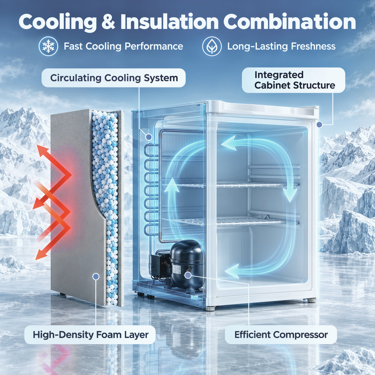 White mini freezer with open door showing interior cooling airflow illustration