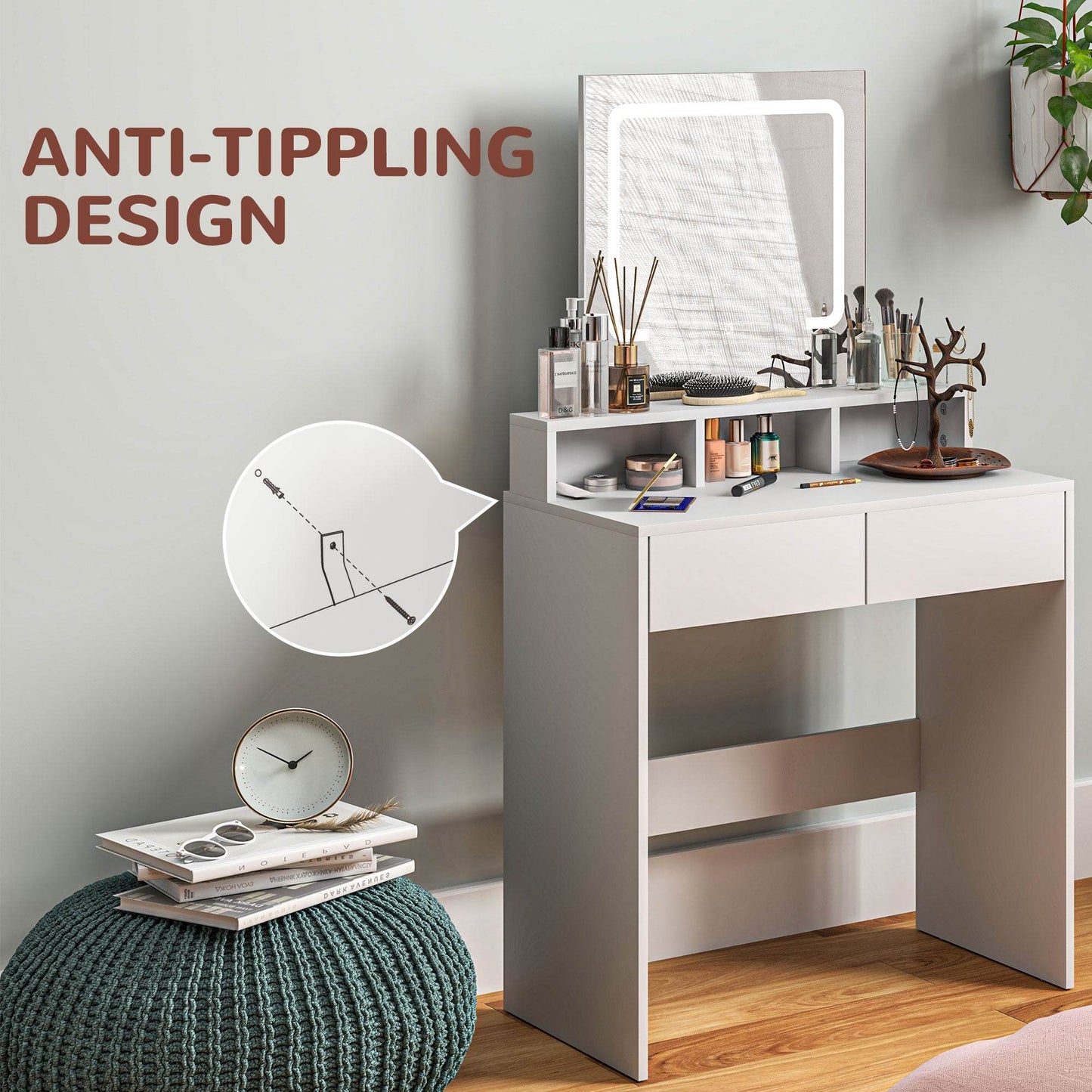 LED-Illuminated Vanity Table with Mirror and Storage, Modern Makeup Dresser for Women and Girls, White - ALL4U RETAILER LTD