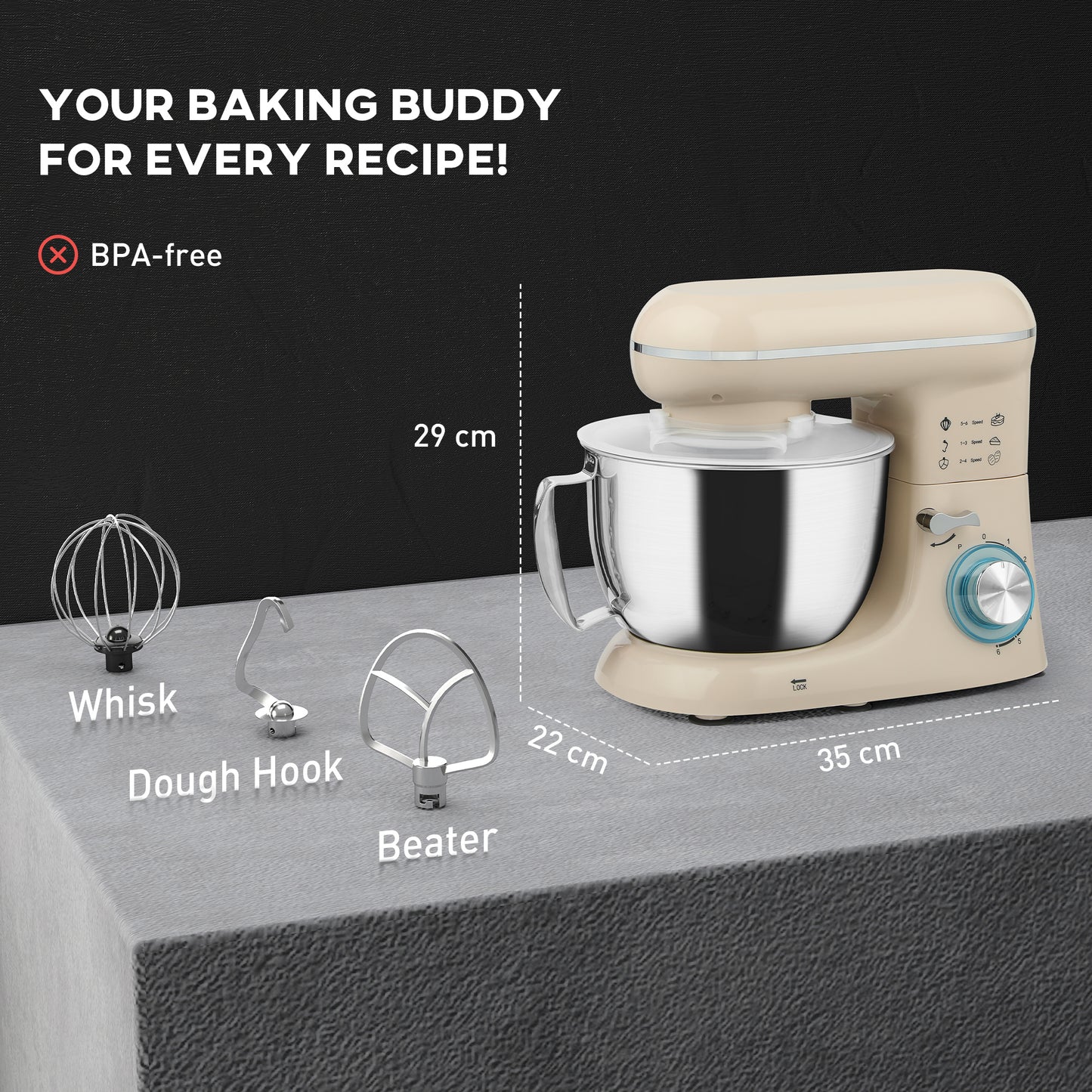 HOMCOM 1300W Stand Mixer With Accessories Beige 6 Speeds And Pulsation 4.5L Stainless Steel Bowl