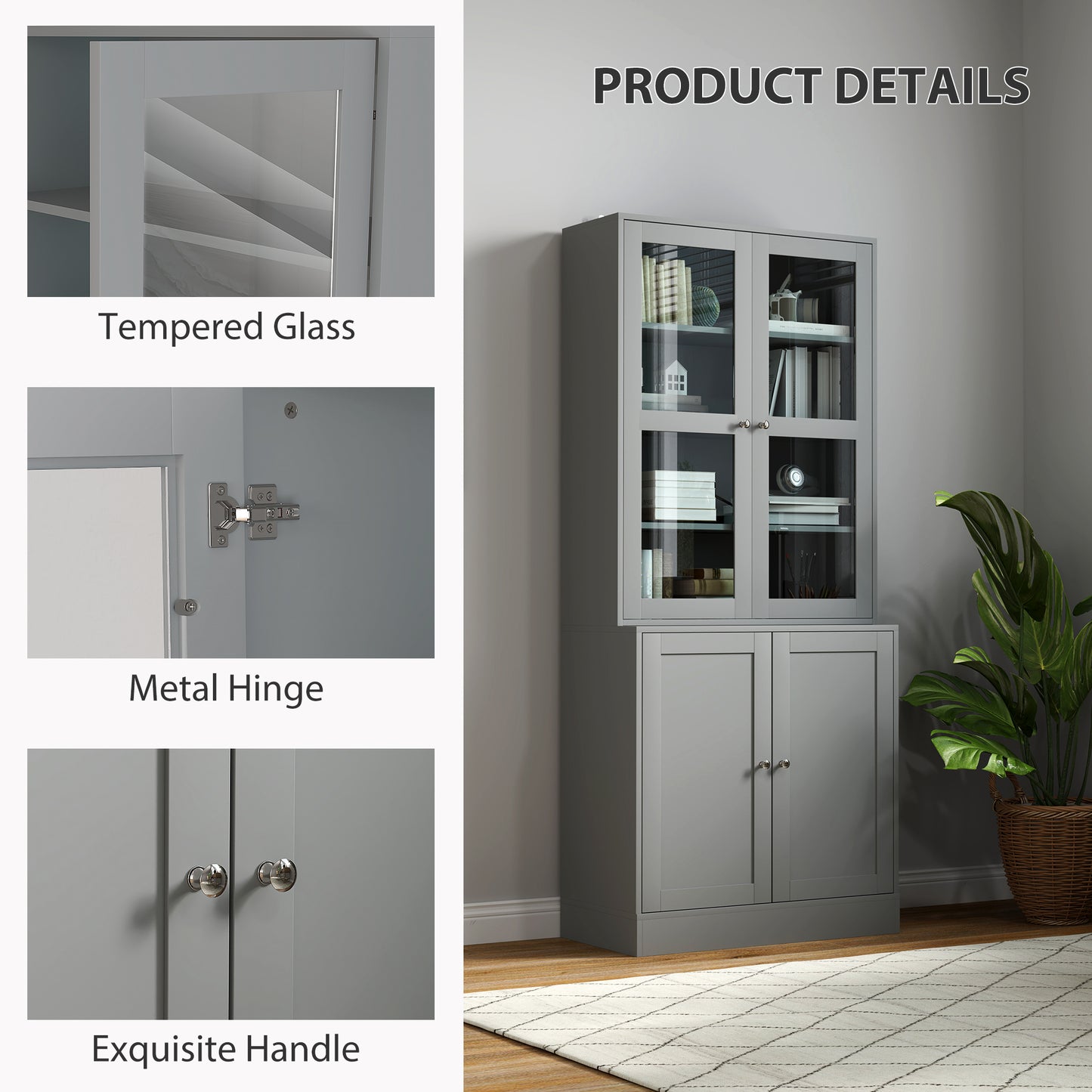 HOMCOM Double Storage Display Cabinet with Tempered Glass Doors Grey for Elegant Living Room Display and Extra Storage