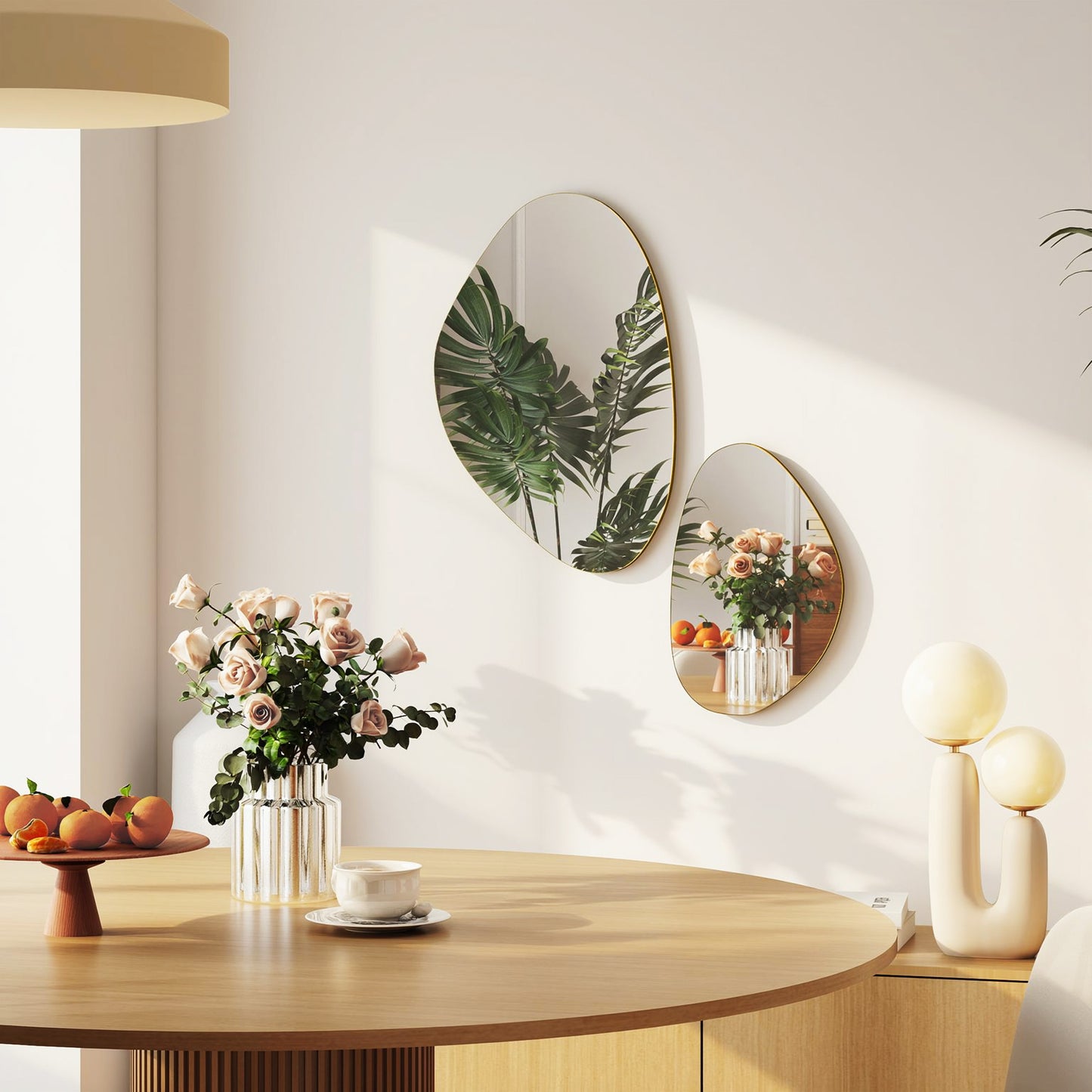HOMCOM Pebble Shaped Wall Mirror Set Of 2 Gold Tone For Living Room Decor And Modern Wall Accent