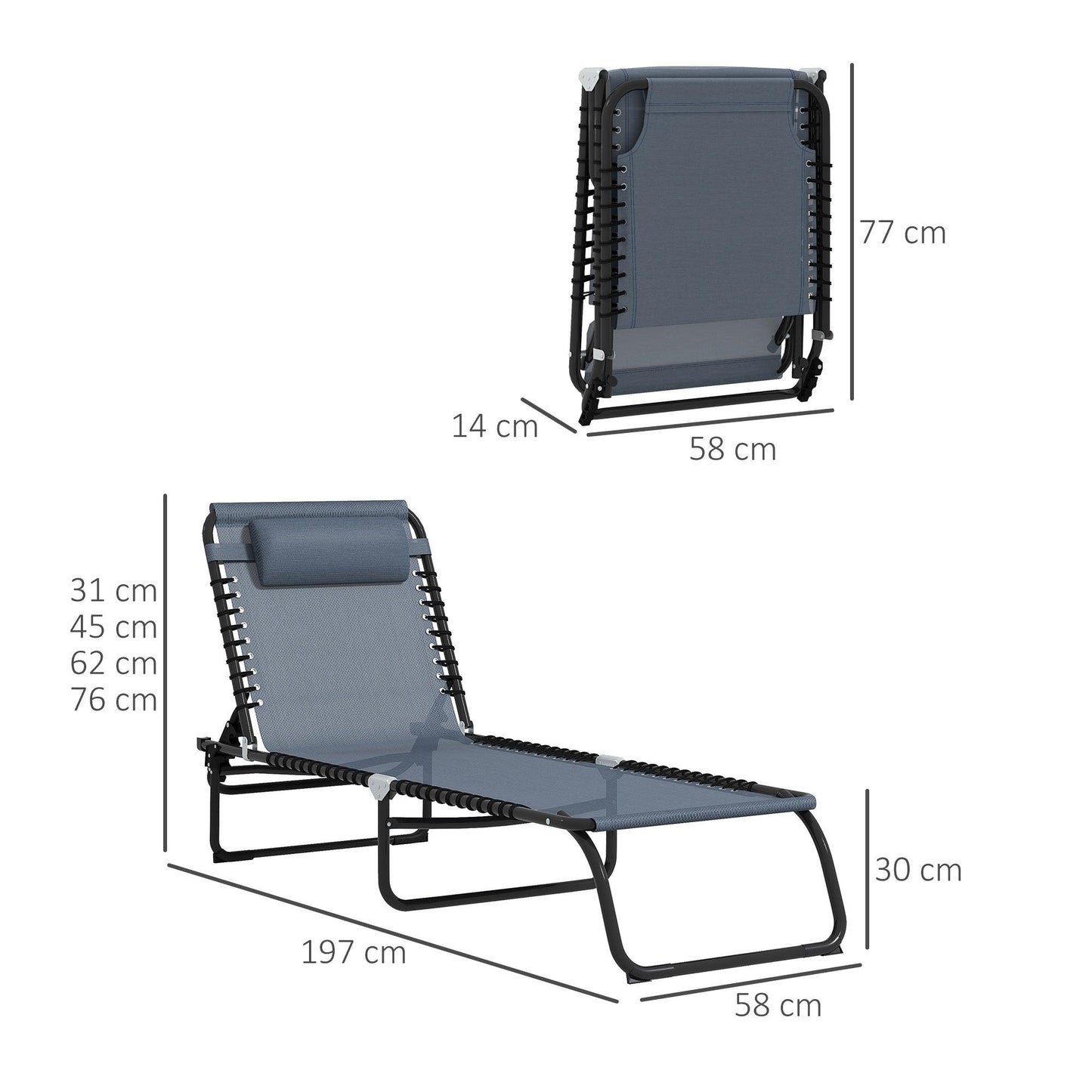 Outsunny 2 Pcs Folding Sun Lounger Beach Chaise Chair Garden Cot Camping Recliner with 4 Position Adjustable Grey - ALL4U RETAILER LTD