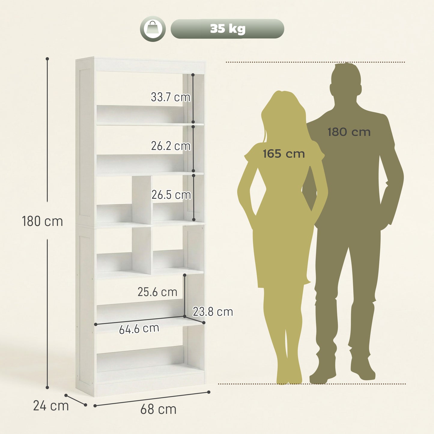 HOMCOM White 6 Tier Bookcase With Open Storage Shelves And Cubes 180 Cm Tall Display Shelf Anti Tipping Design