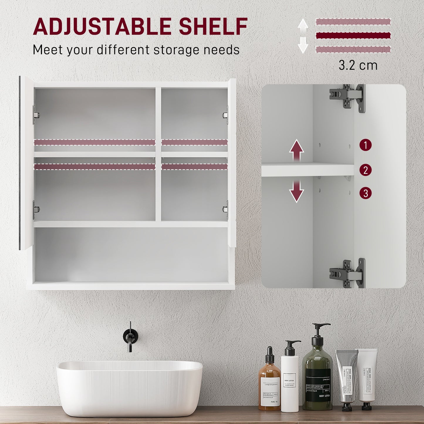 Kleankin White Wall Mounted Bathroom Storage Cupboard With Mirrored Door And Embossed Door Details