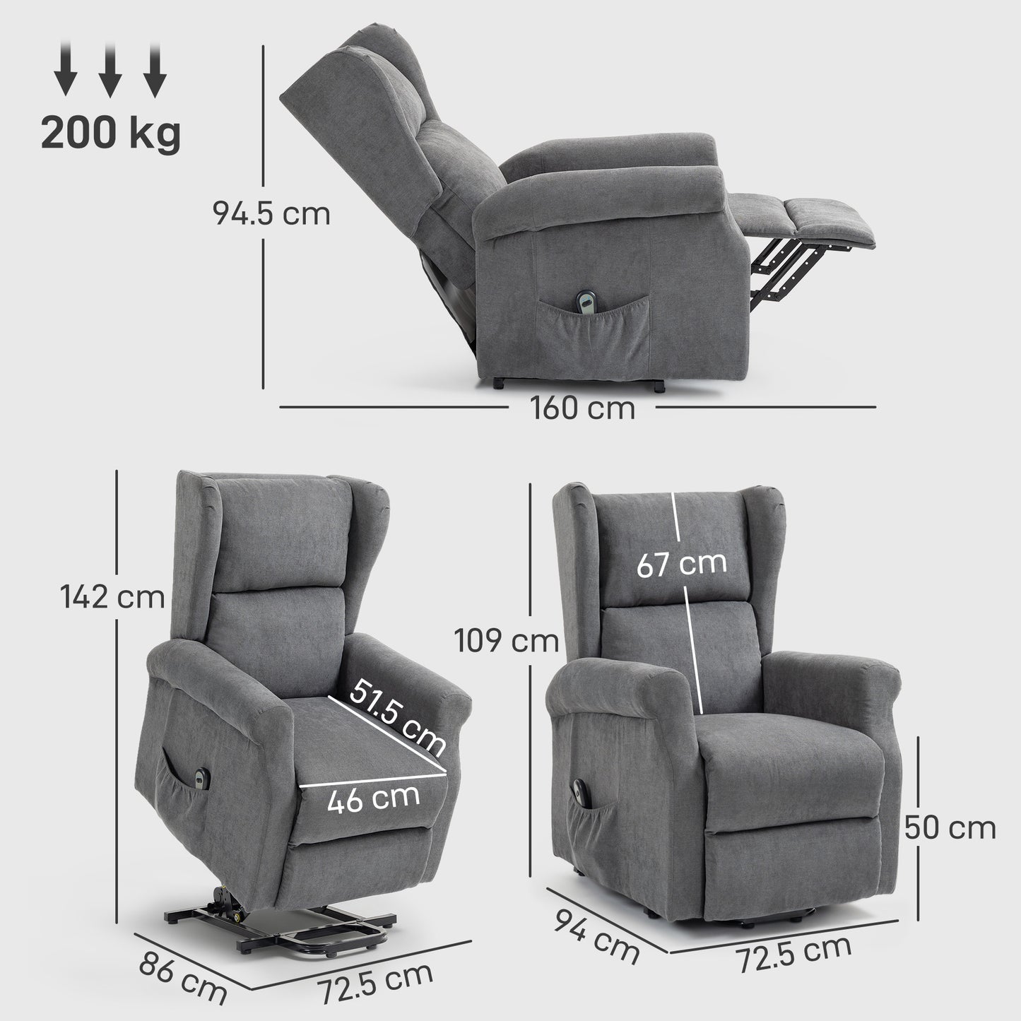 HOMCOM Power Lift Recliner Armchair Electric Lift Chair For Elderly With Remote Control And Side Pockets Charcoal Grey