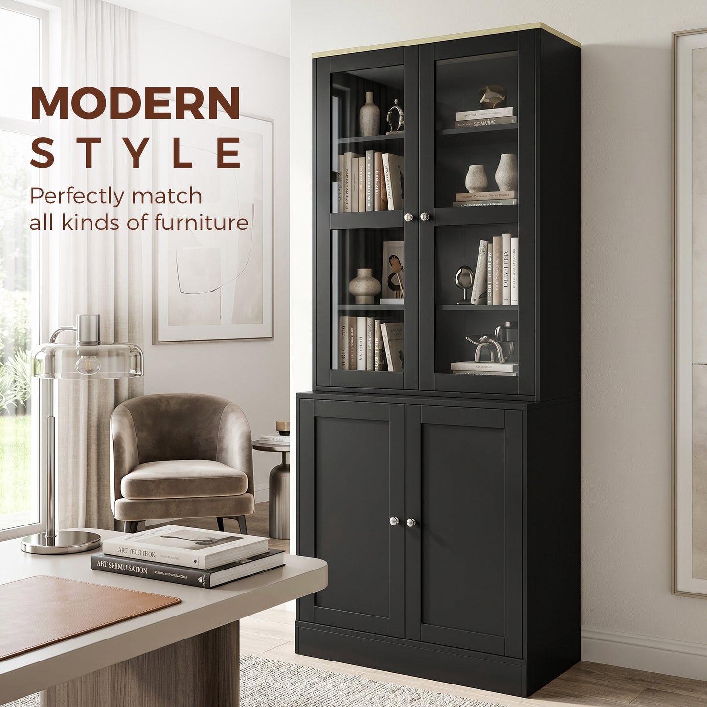HOMCOM Modern Glass Doors Bookcase With Adjustable Shelves And Display Storage Cabinet Black