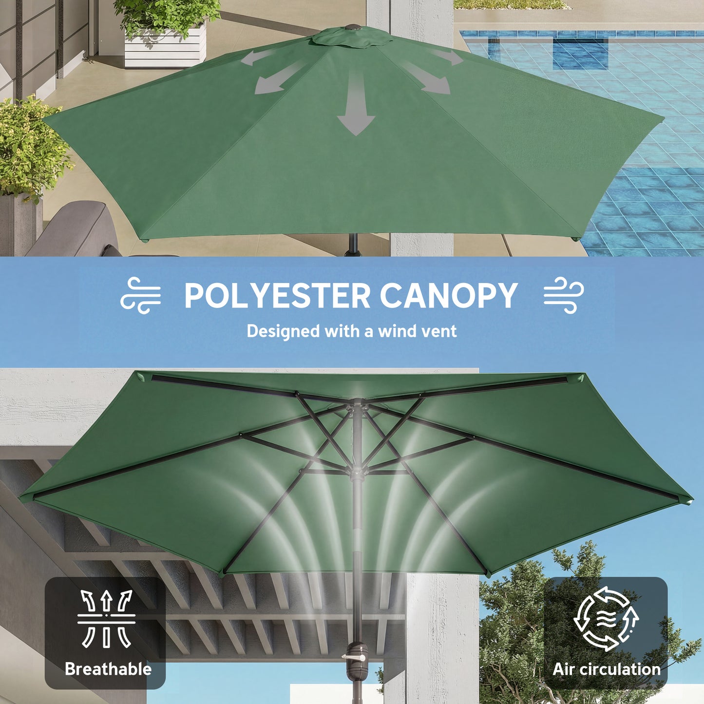 Outsunny 2.6 m Garden Parasol Umbrella With Aluminium Pole Tilt And Crank Vent Dark Green