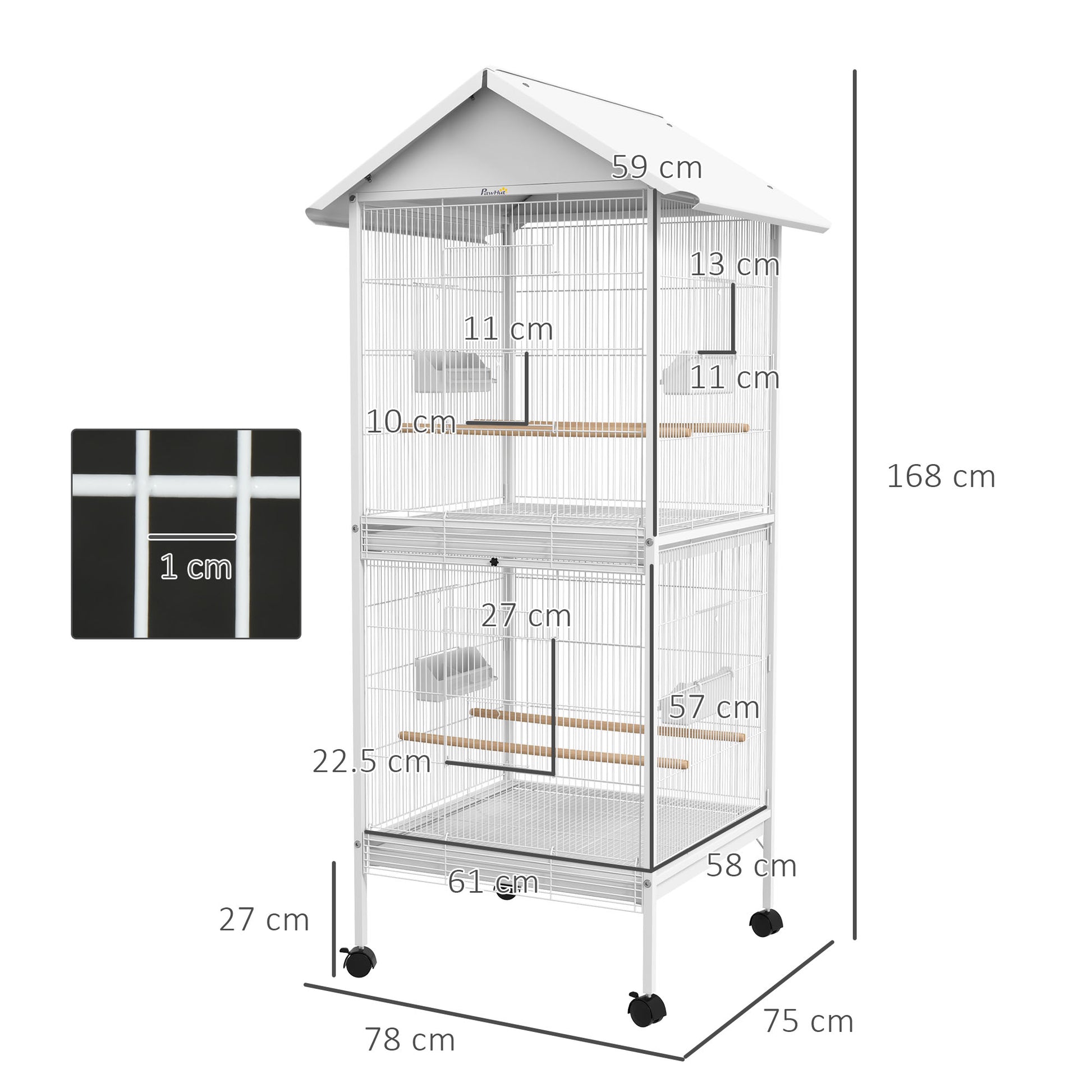 PawHut Large Rolling Bird Cage with Perches and Wheels for Budgies, Canaries, and Cockatiels - White - ALL4U RETAILER LTD