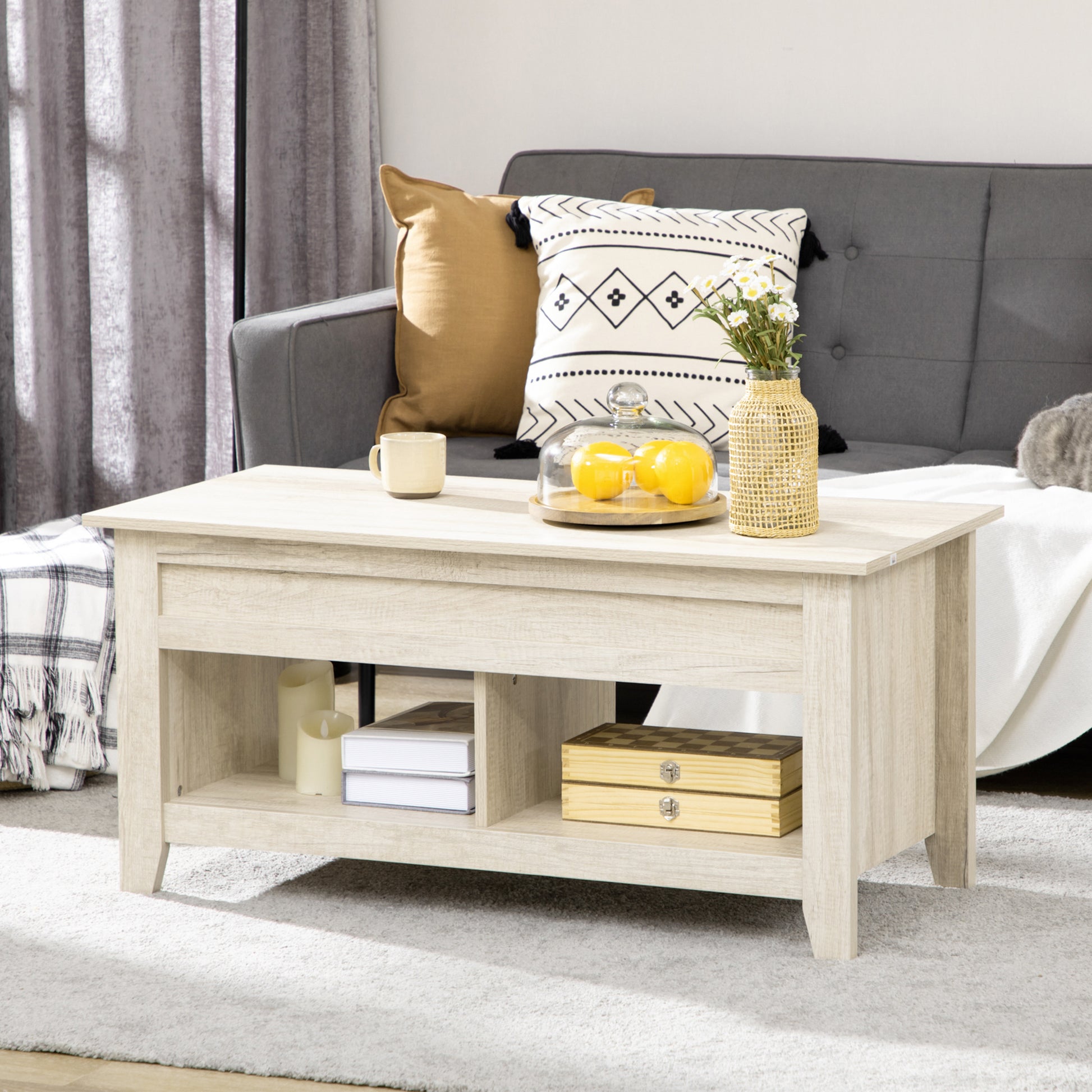 HOMCOM Rising Top Coffee Table with Concealed Storage and Open Shelves for Living Room in Oak Finish - ALL4U RETAILER LTD