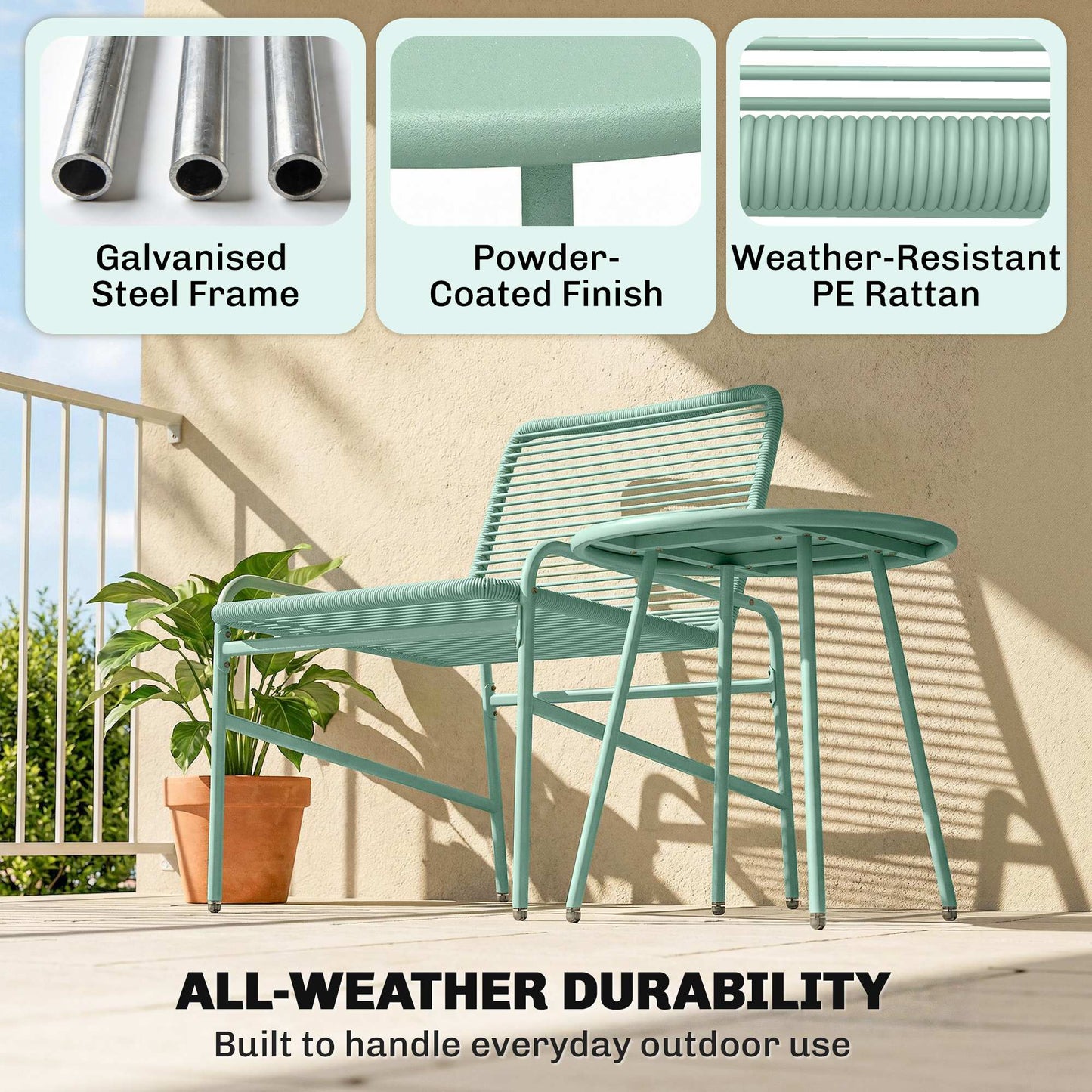 Outsunny 3 Piece Rattan Bistro Set With 2 Chairs And Round Coffee Table For Patio Balcony Green Outdoor Garden Furniture