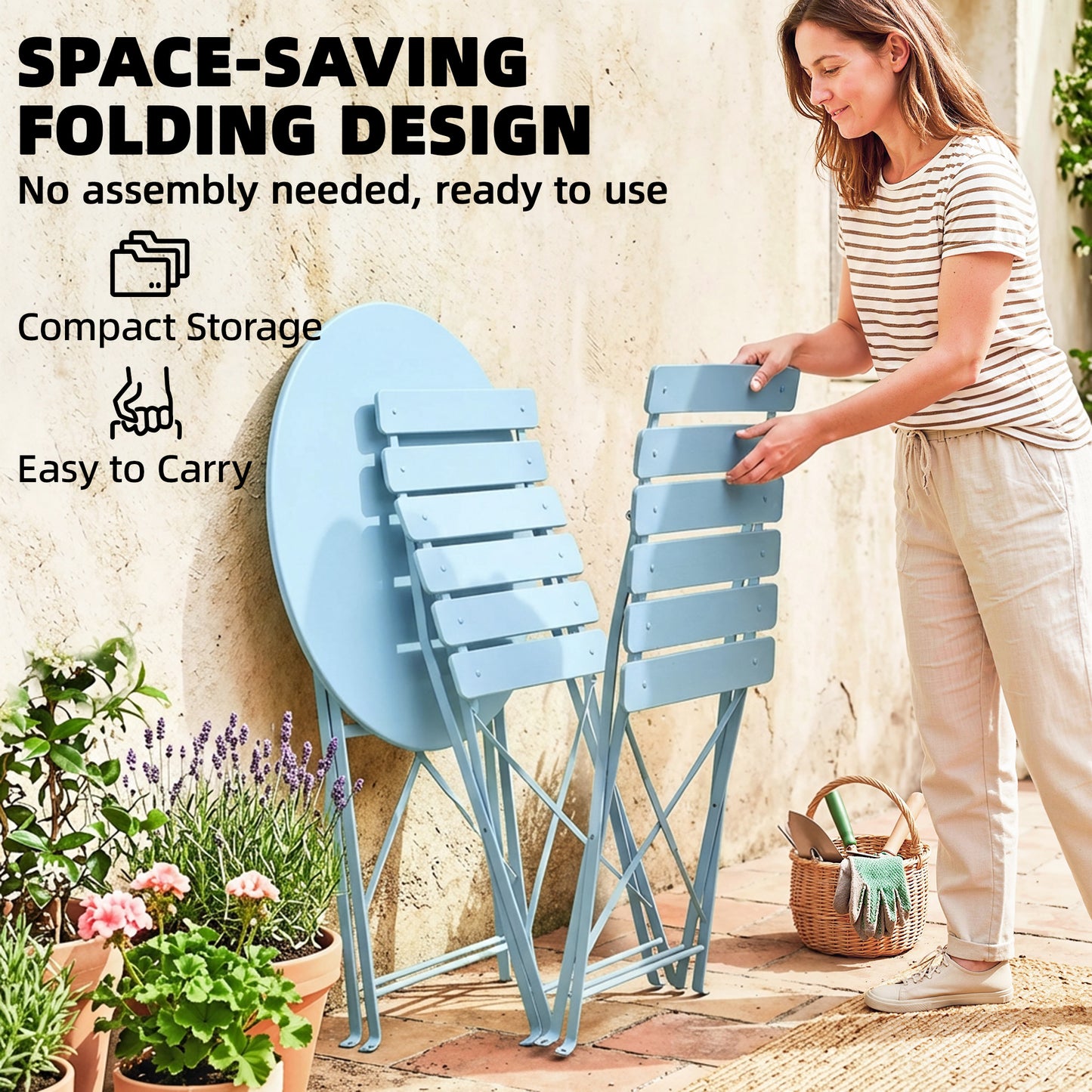 Outsunny Folding Garden Bistro Set for Two with Round Table and Chairs Electrophoresis Metal Frame Light Blue