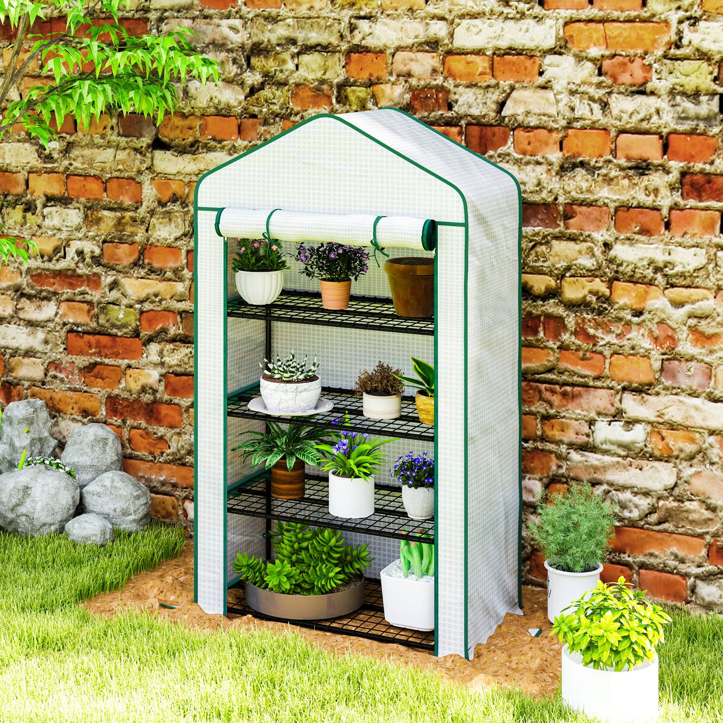 Outsunny Four Tier Mini Portable Greenhouse With Reinforced Plastic Cover For Indoor Windowsill Gardening