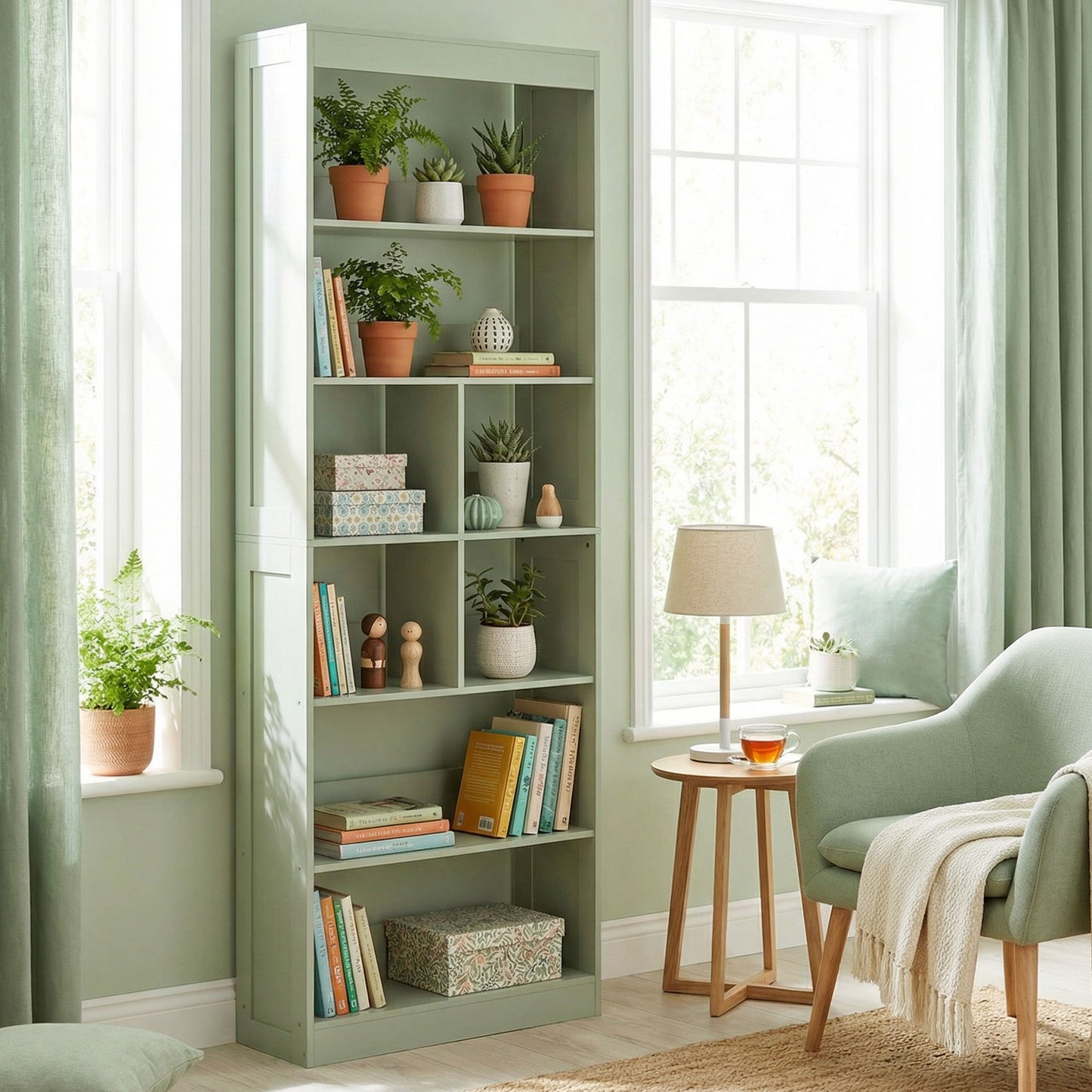 HOMCOM Six Tier Bookcase With Open Storage Shelves And Cubes 180 Cm Tall Green Anti Tipping Display Shelf