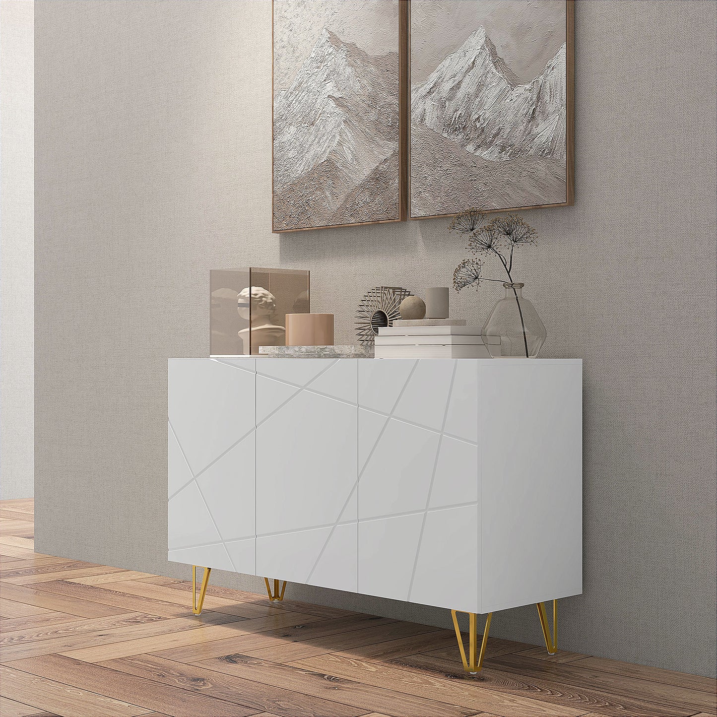 HOMCOM Elegant High Gloss Freestanding Sideboard with Adjustable Shelves and Gold Hairpin Legs - Storage Cabinet - ALL4U RETAILER LTD