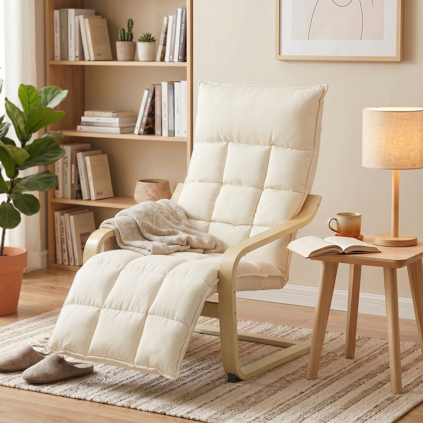 HOMCOM Modern Accent Chair With Built In Footrest Plush Cushion Linen Look Fabric Curved Legs And Arms Cream White