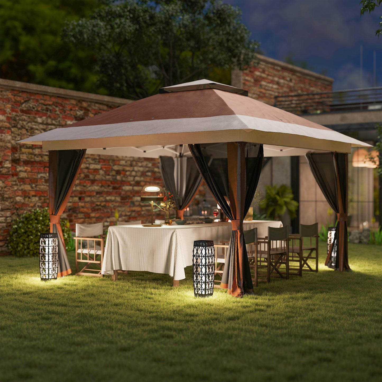 Outsunny 3.6m By 3.6m Pop Up Gazebo With Accessories Brown UPF50 Canopy Mesh Liner Adjustable Height 260 270 280 Cm