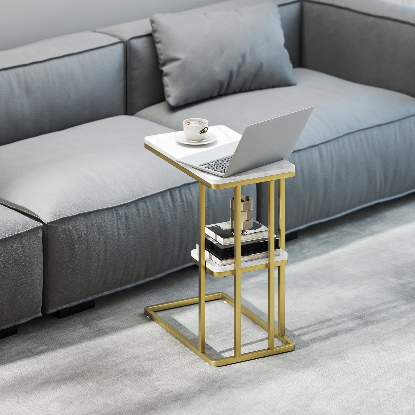 HOMCOM C Shaped Side Table 2 Tier End Table Nightstand for Small Spaces Living Room Bedroom White Marble