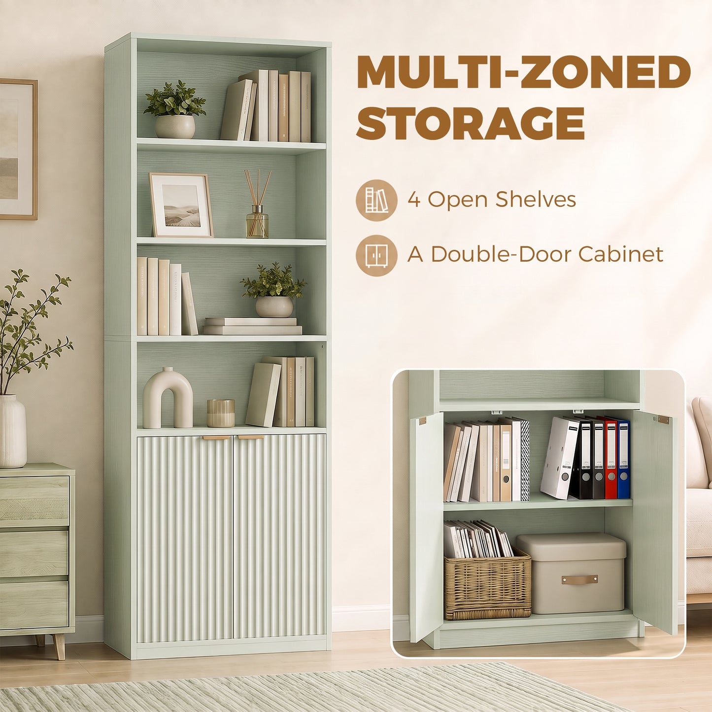 Homcom 6 Tier Slim Bookshelf With Adjustable Shelf And Cabinet Light Green