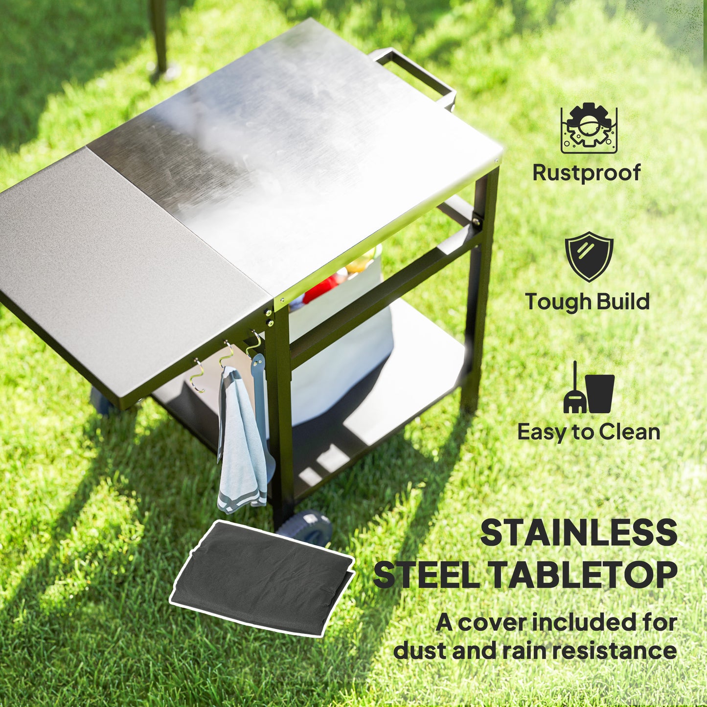 Outsunny Pizza Oven Table Cart With Stainless Steel Top And Foldable Side Table Hooks And Shelf Black