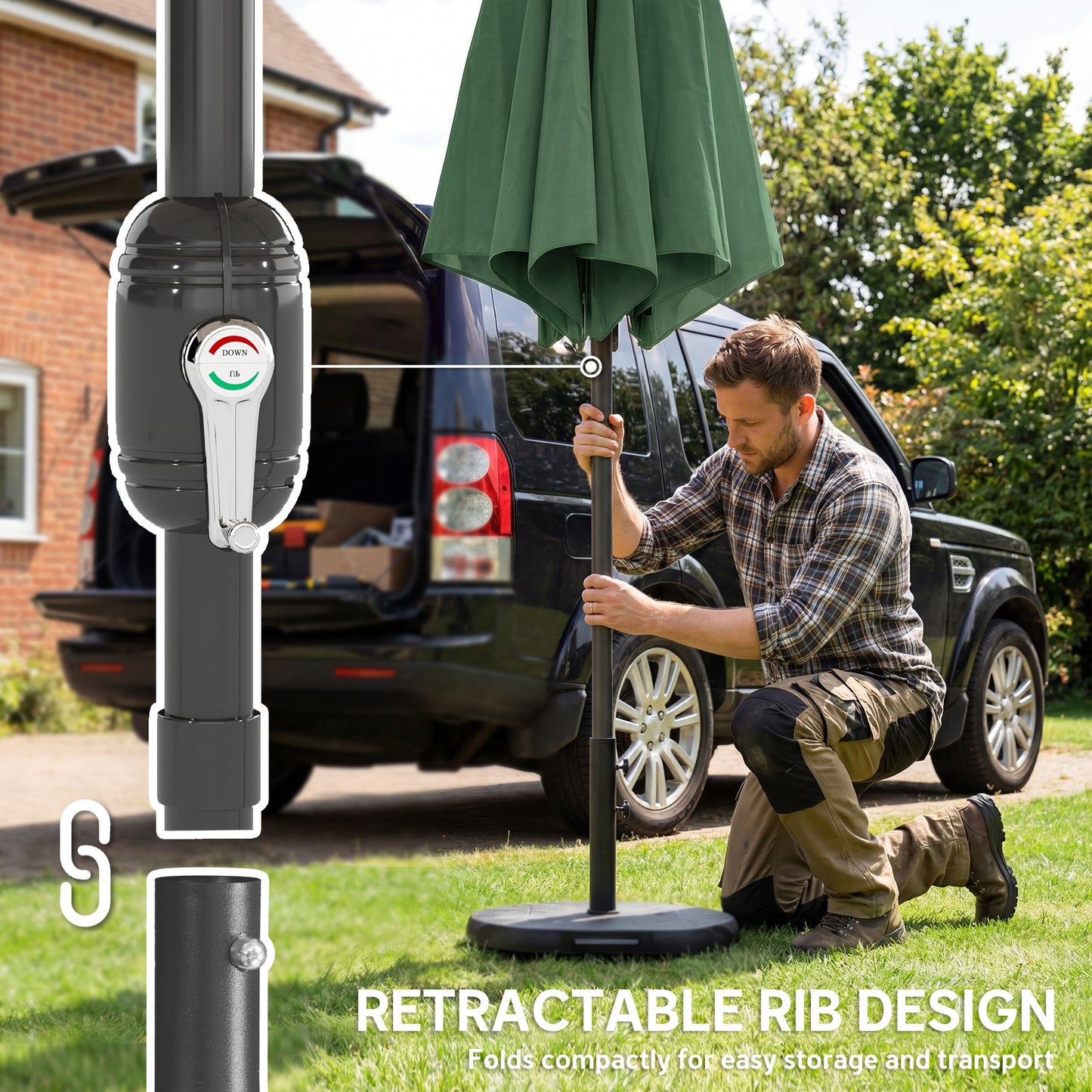 Outsunny 2.7 M Garden Parasol Umbrella With Cross Base And Sandbag Retractable Ribs Outdoor Table Market Umbrella Green