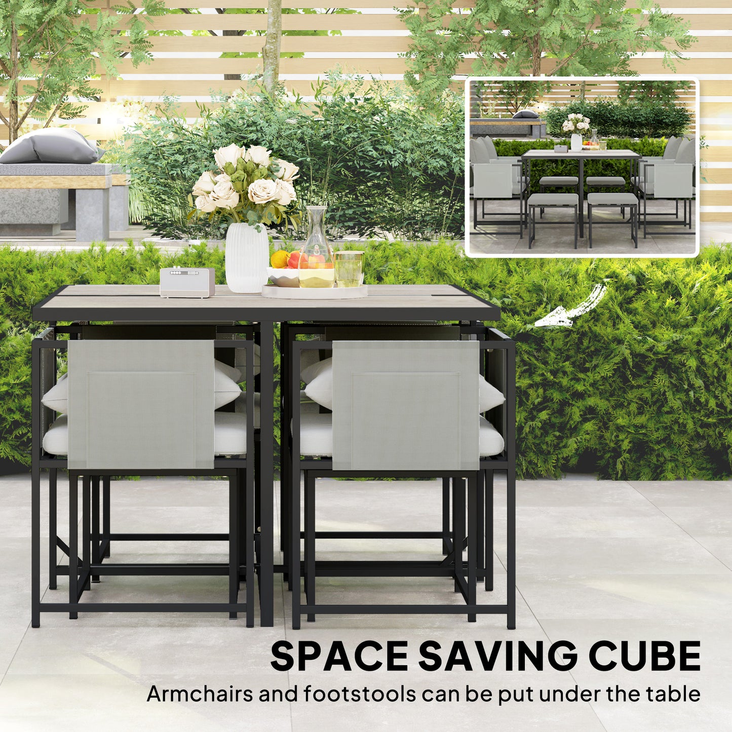 Outsunny Nine Piece Steel Frame Garden Dining Set With Cushioned Chairs And Stools Dark Grey For Outdoor Patio