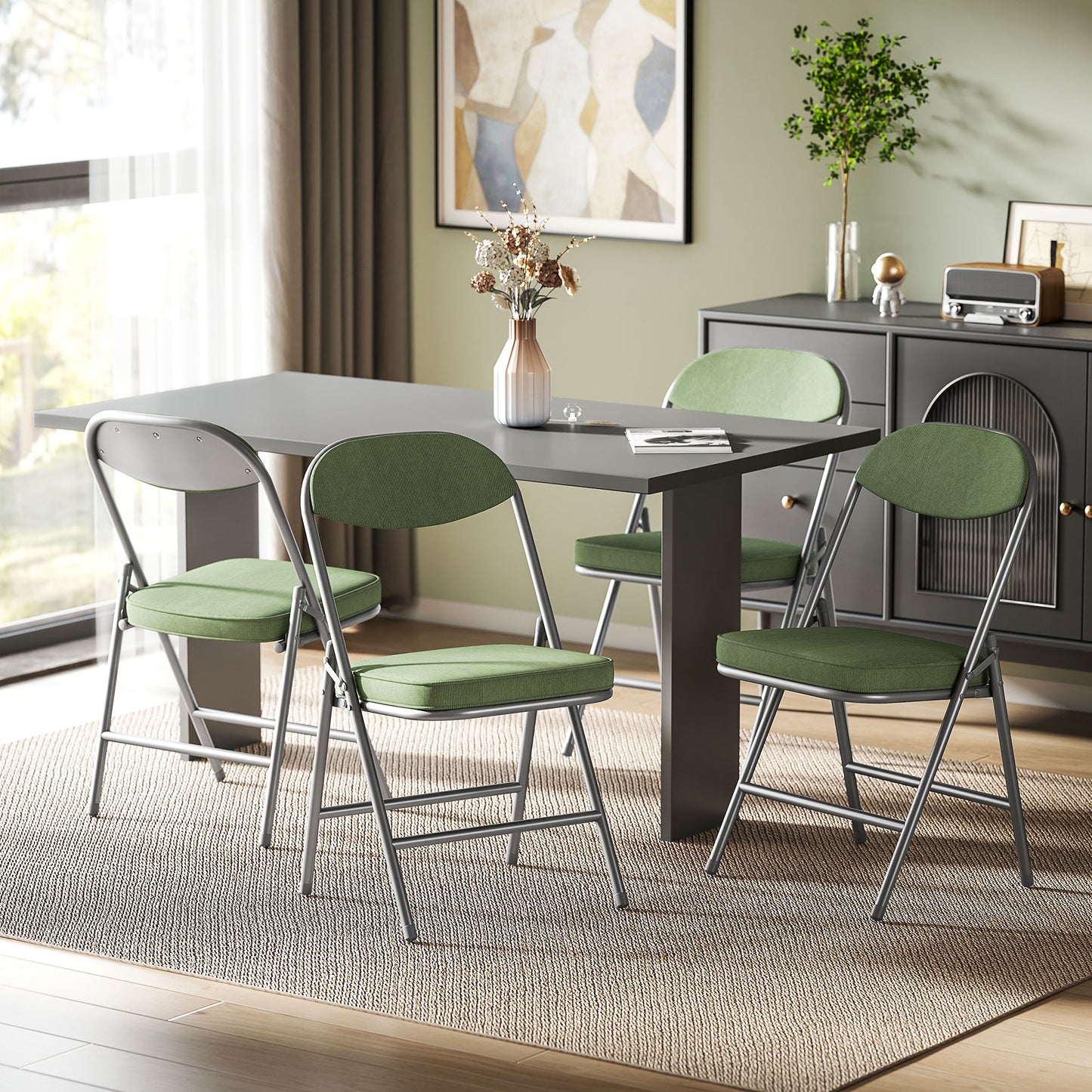 HOMCOM Set Of Four Folding Corduroy Chairs Green Padded Seat And Back Steel Frame
