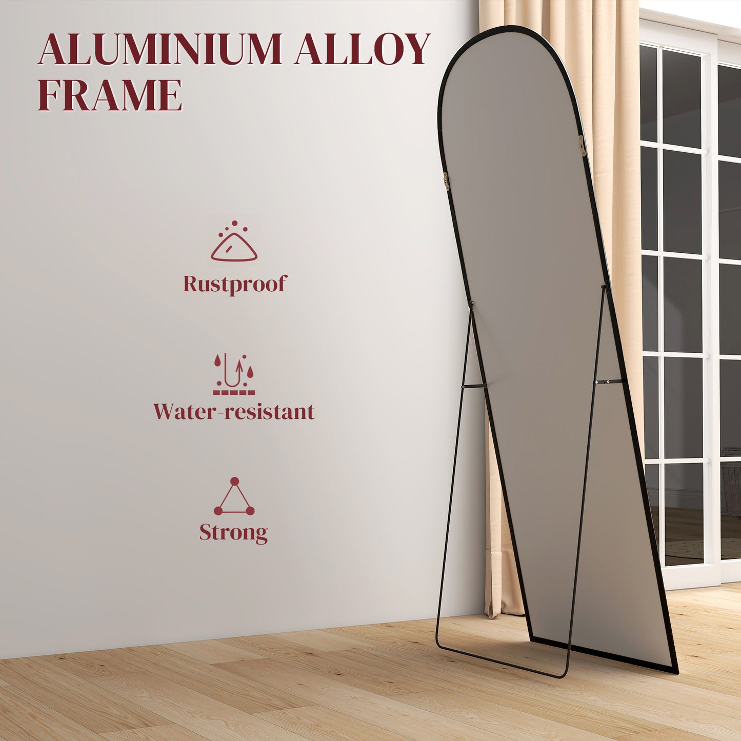 HOMCOM 165cm Aluminium Frame Standing Mirror Black Two Way Design With Wall Mount Option