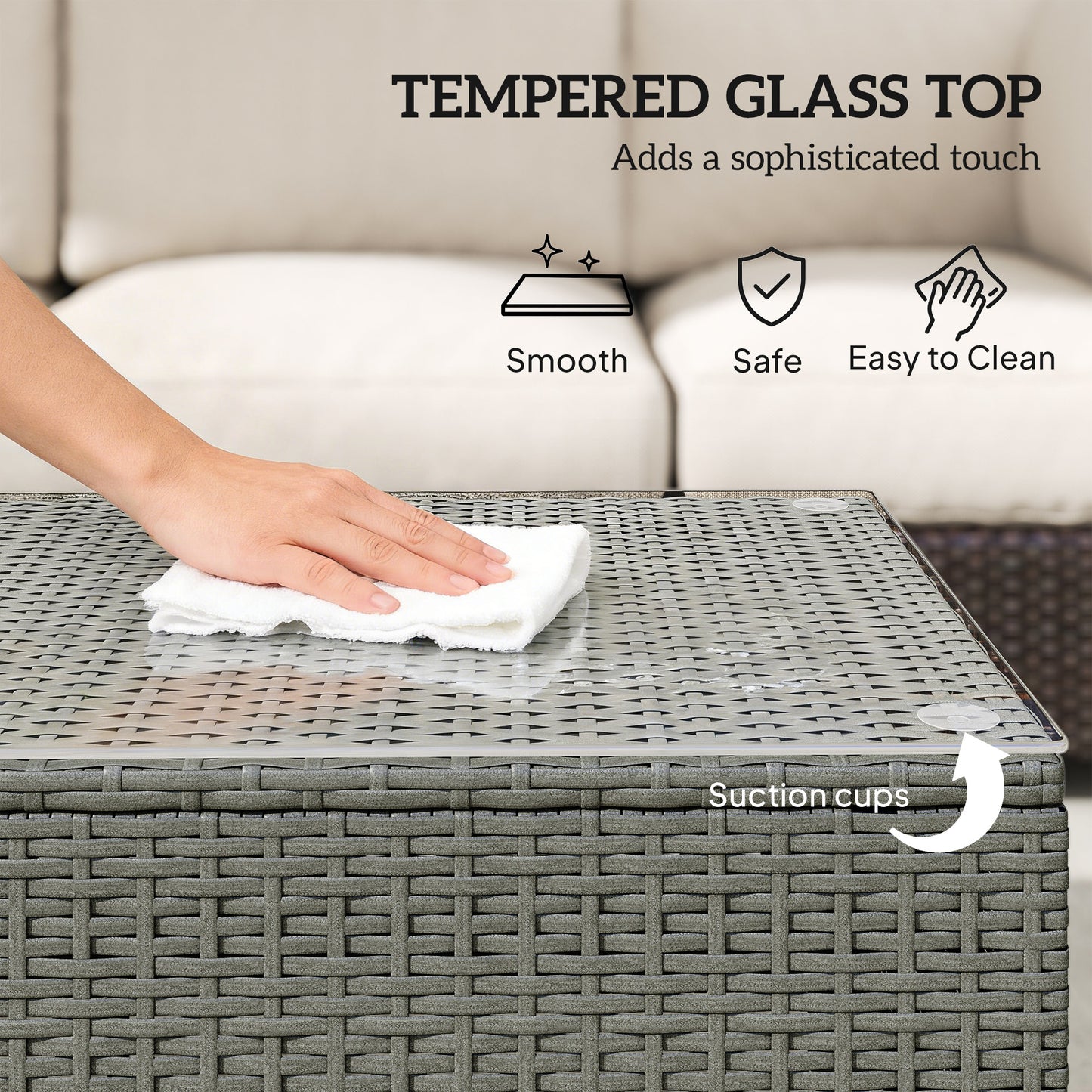 Outsunny Rattan Garden Coffee Table With Glass Top In Light Grey With Sturdy Metal Frame For Outdoor Patio