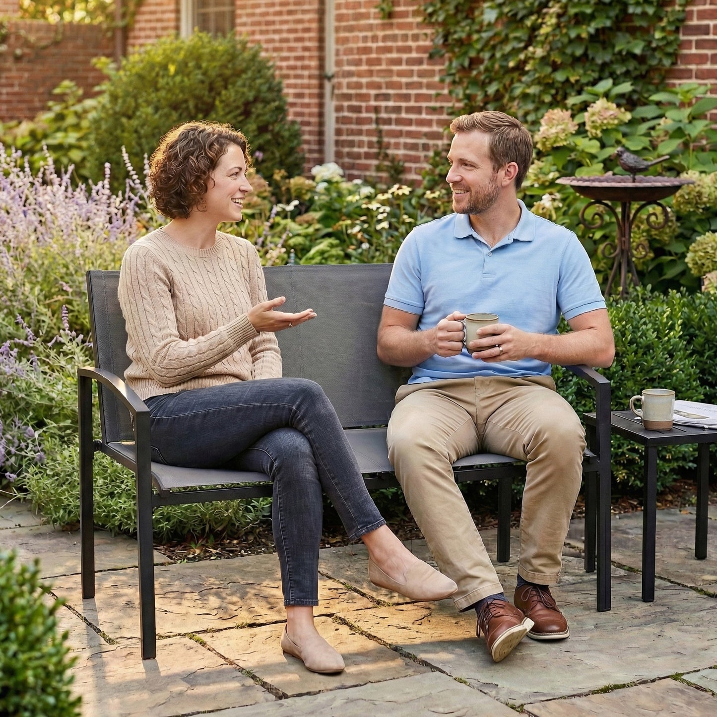 Outsunny Metal Garden Bench 2 Seater Outdoor Furniture With Breathable Texteline Grey Park Patio Seat