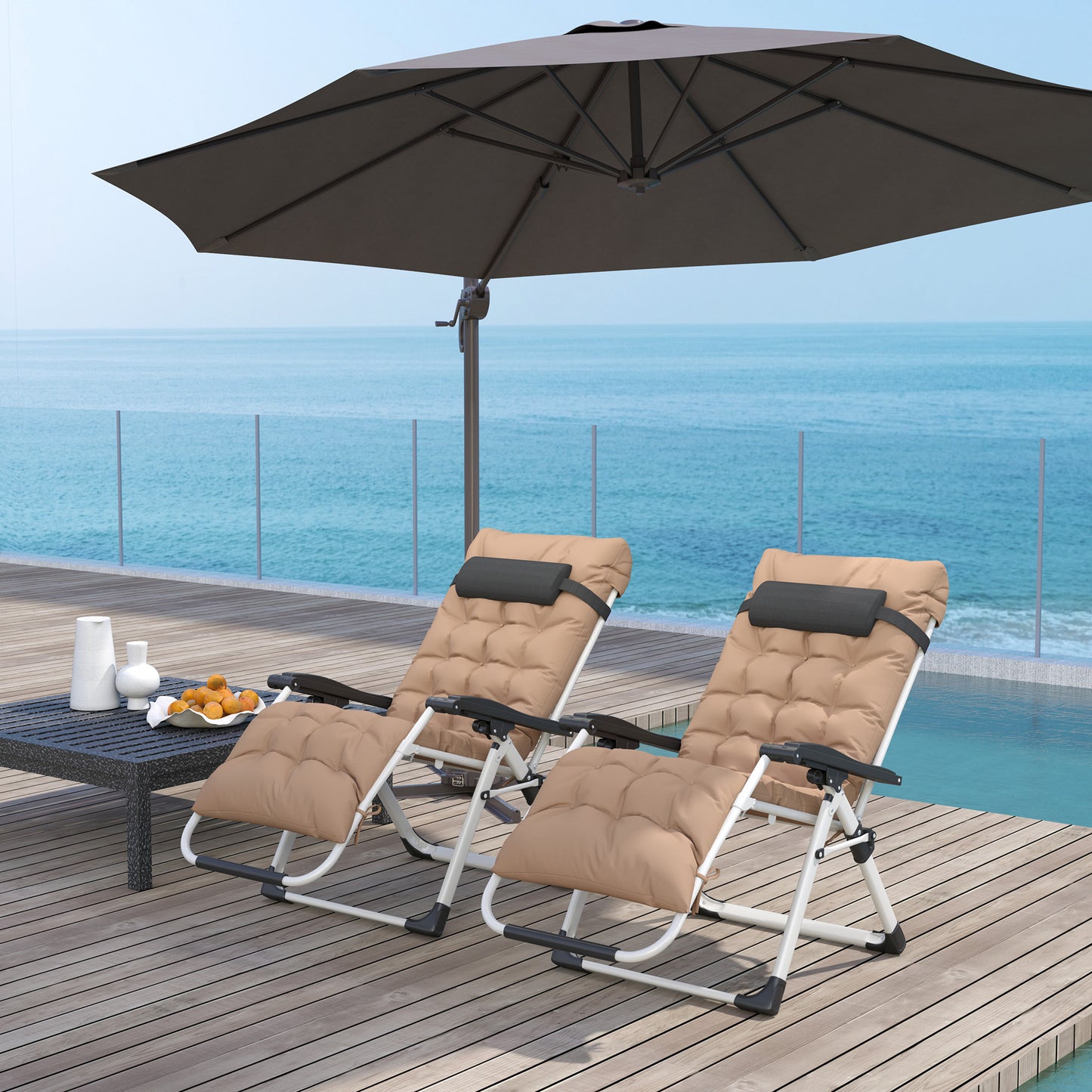 Outsunny 2 Piece Reclining Zero Gravity Sun Loungers With Cushions For Outdoor Patio Khaki