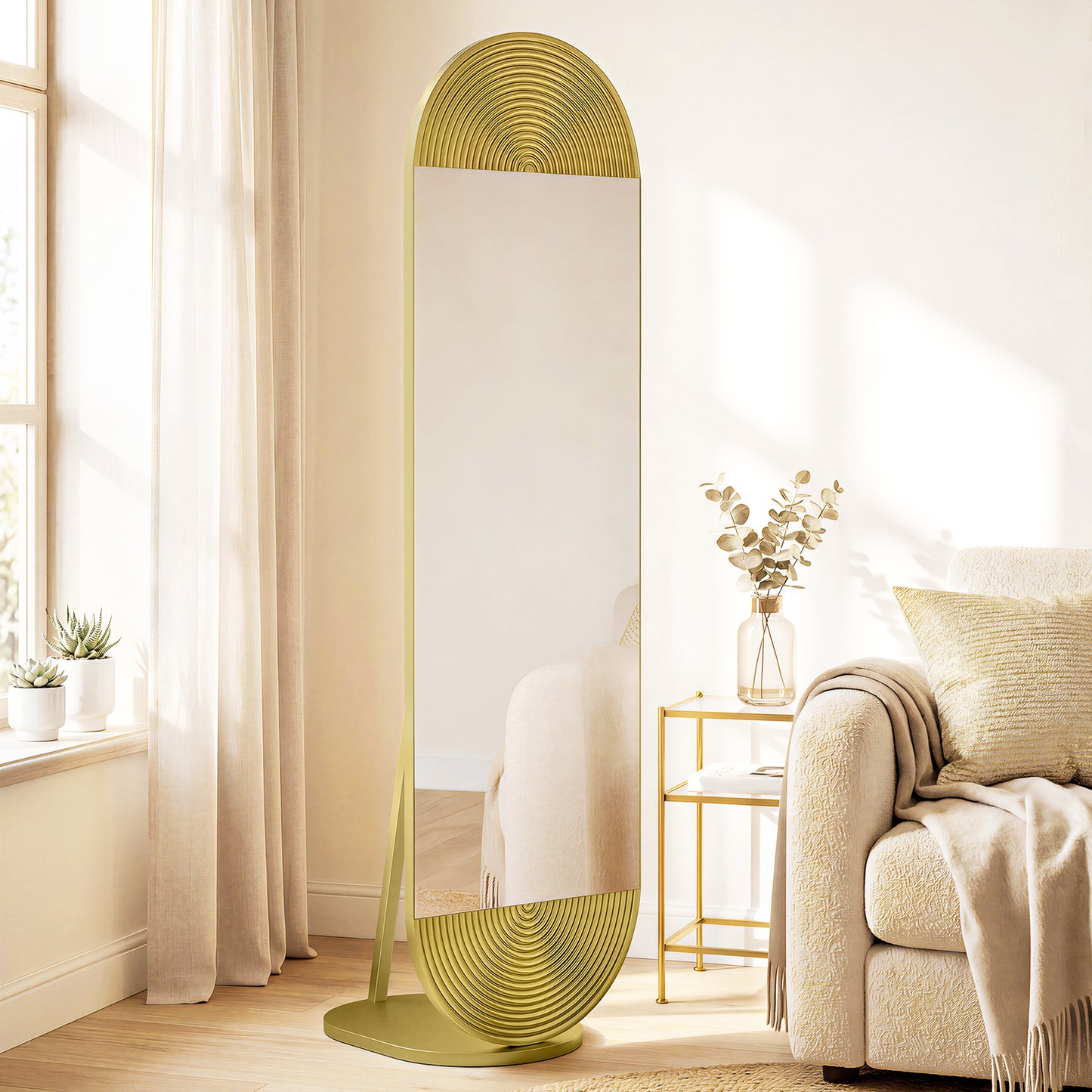 HOMCOM 161 Cm Wavy Full Length Mirror Free Standing Gold Tone Metal Frame With Solid Base