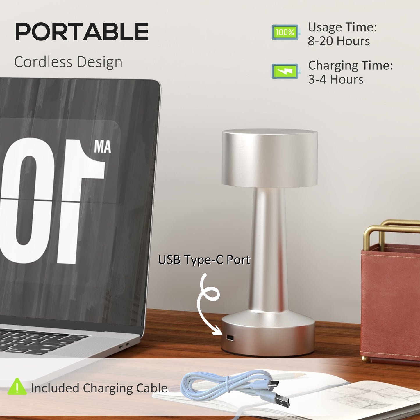 2 Pack Cordless Table Lamp Touch LED Desk Lamp With Rechargeable Battery Three Colour For Bedroom Living Room Silver