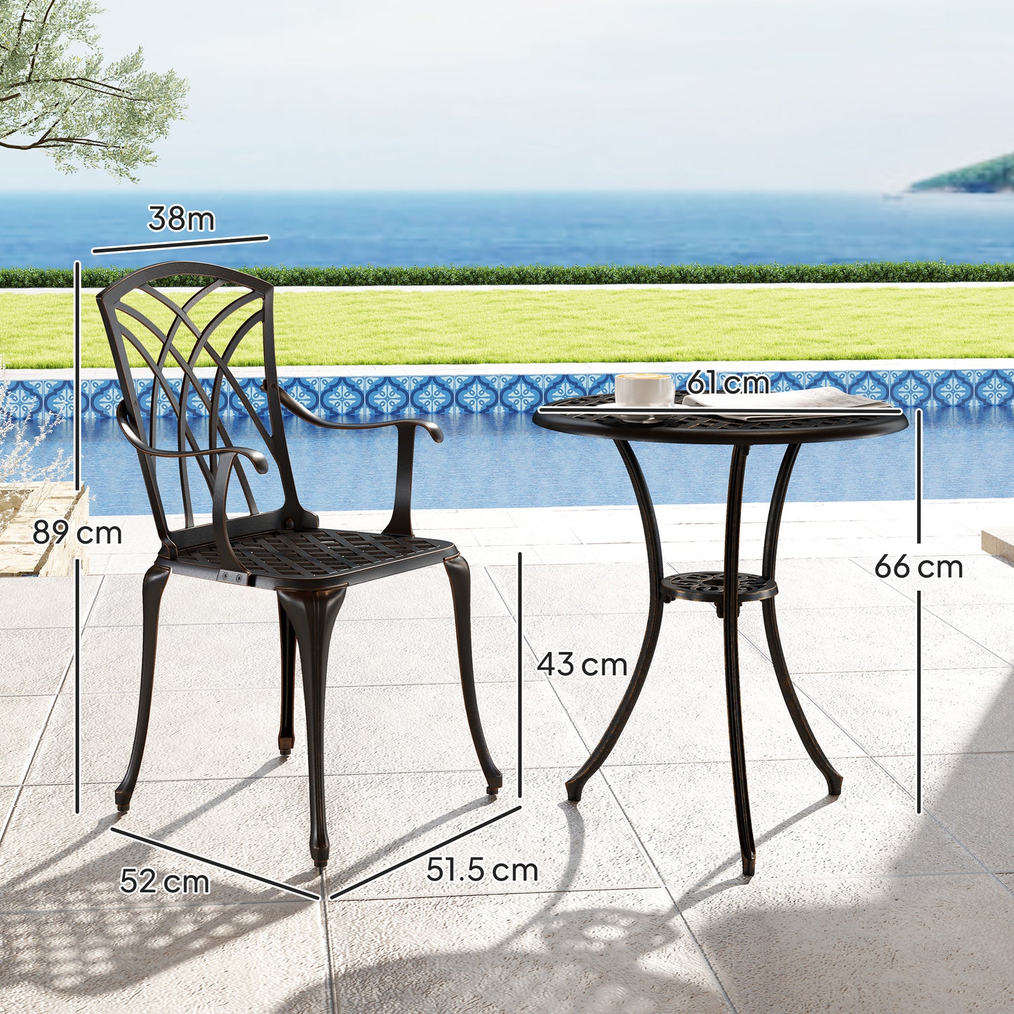 Outsunny 3 Piece Garden Dining Set For 2 Cast Aluminum Round Table With Parasol Hole And 2 Armchairs