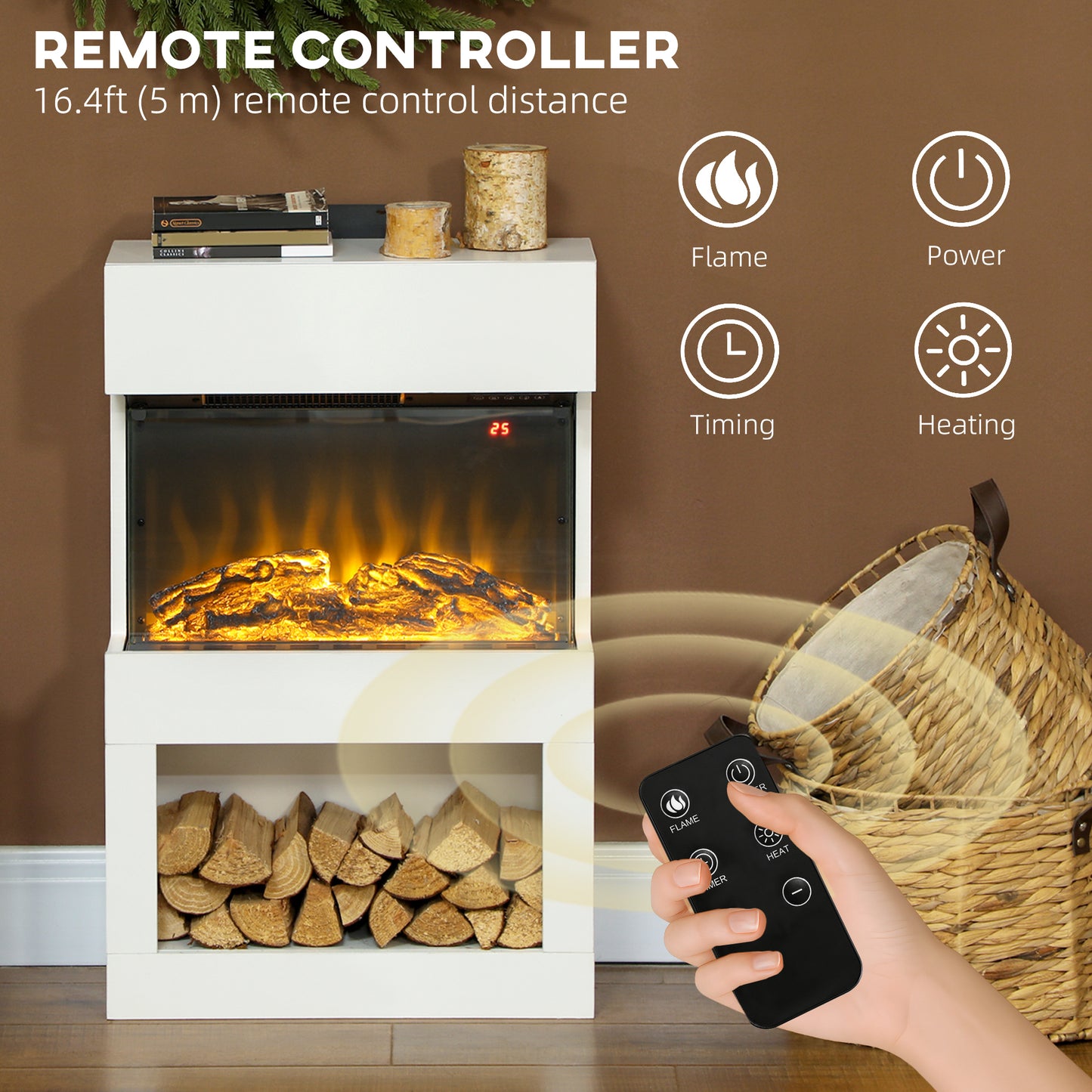 HOMCOM 19 Inch Electric Fireplace With Surround Mantel 3D Flame 1000W 2000W White Remote Timer 3 Sided View