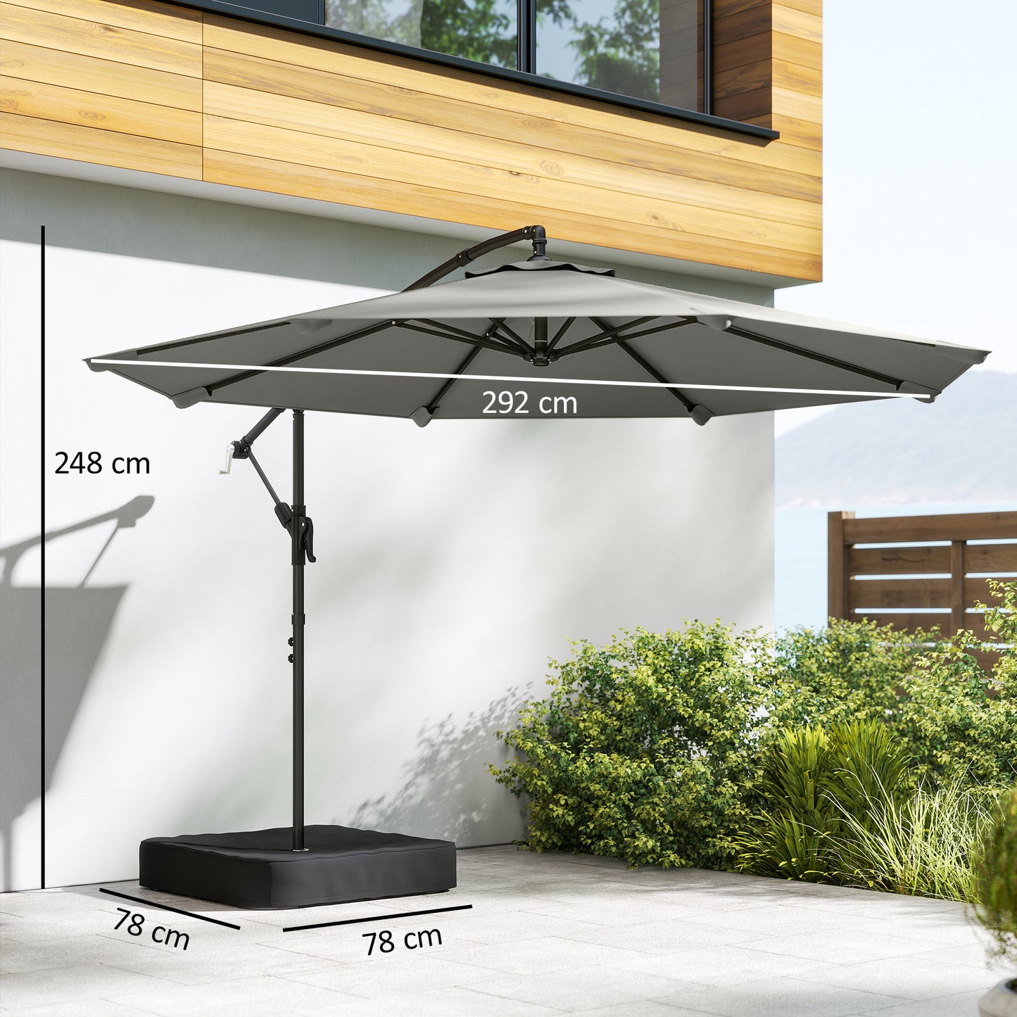 Outsunny 3 m Garden Cantilever Parasol With 80 Kg Sandbag Cross Base 360 Degree Rotation Grey