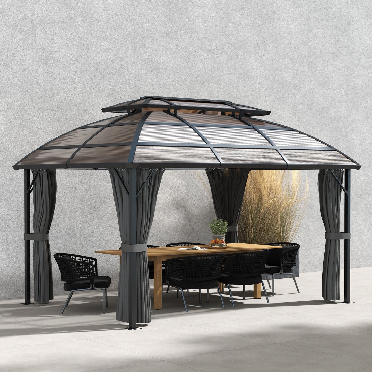 Outsunny Brown Aluminium Frame 4x3m Polycarbonate Garden Gazebo with Curtains and Insect Netting - ALL4U RETAILER LTD