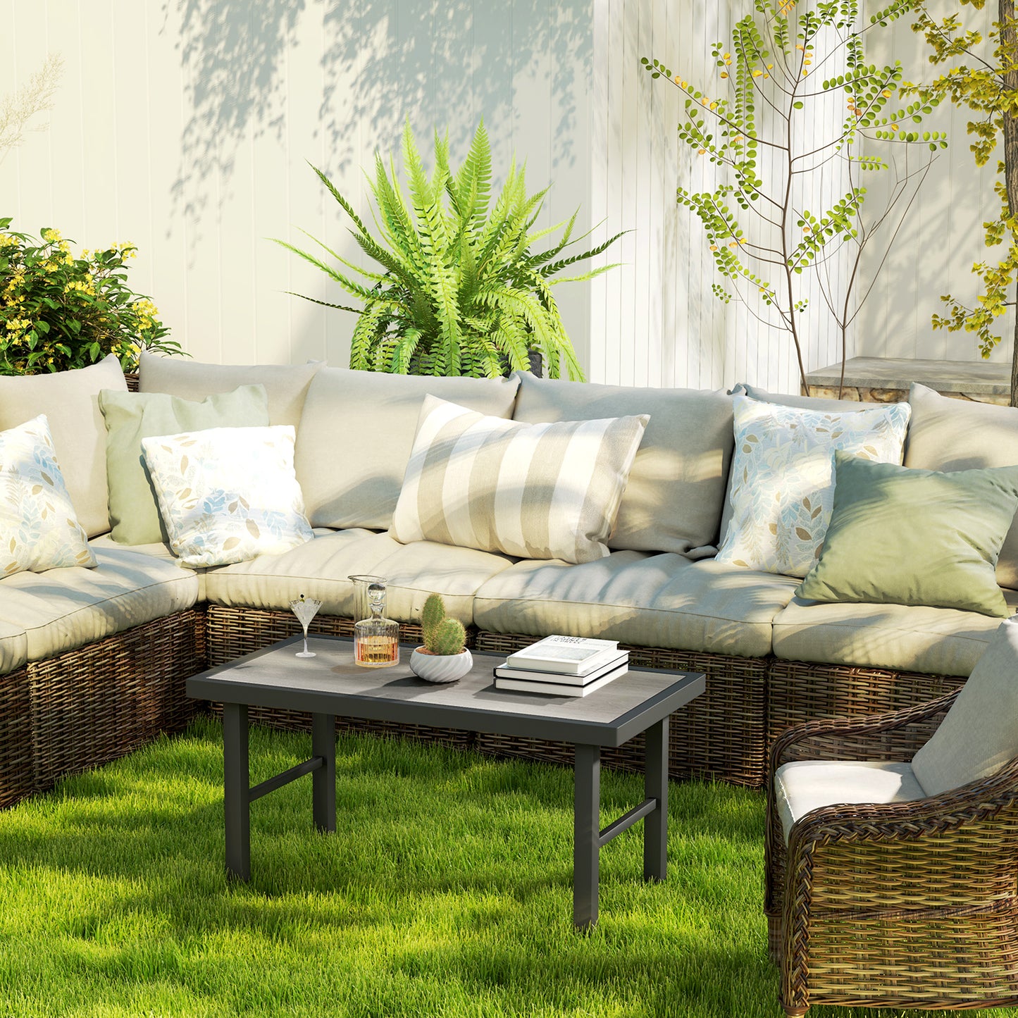 Outsunny Metal Garden Coffee Table With SPC Woodgrain Tabletop For Outdoor Garden Balcony Porch 100 X 53 X 46 cm Grey