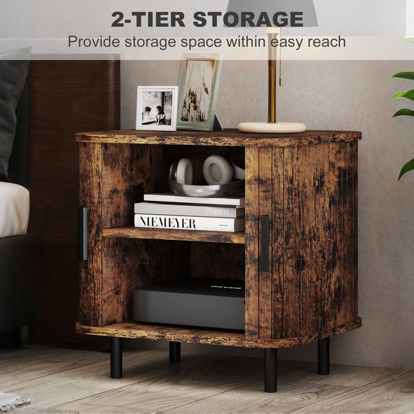 HOMCOM Bedside Table Nordic Nightstand With Roller Shutter Style Sliding Doors And Metal Legs Rustic Brown