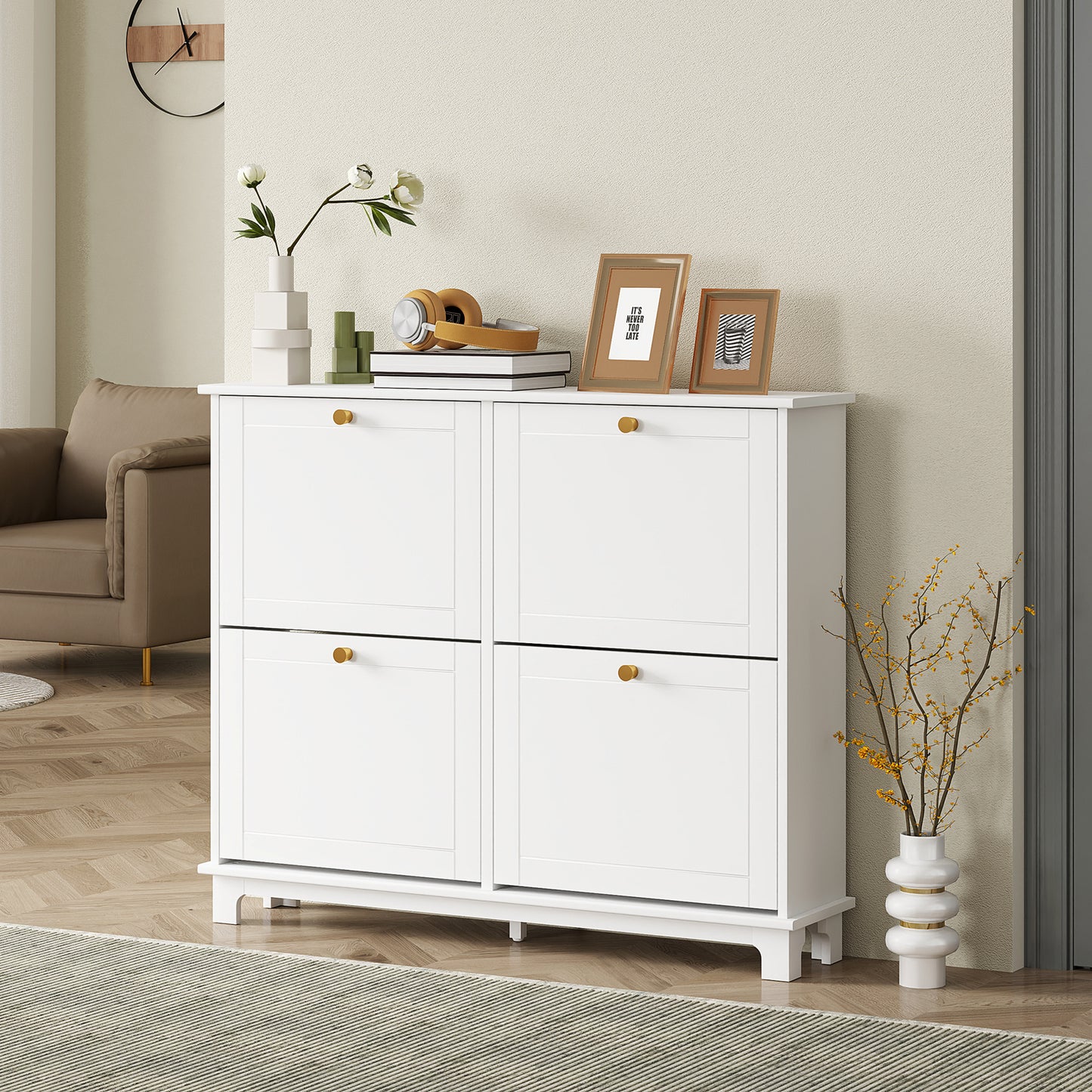 HOMCOM Narrow Shoe Storage Cabinet With 4 Flip Drawers And Adjustable Shelves For 16 Pairs White