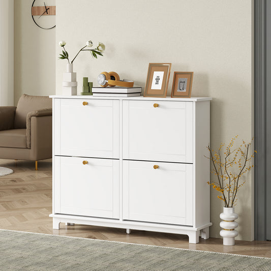 HOMCOM Narrow Shoe Storage Cabinet With 4 Flip Drawers And Adjustable Shelves For 16 Pairs White