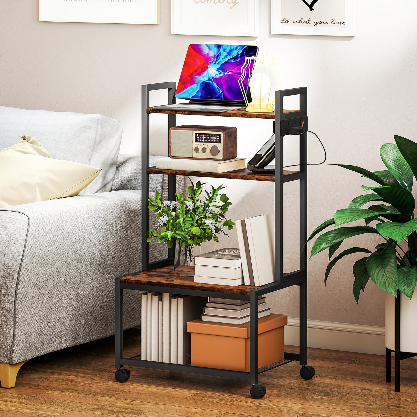 HOMCOM Four Tier Printer Stand With Power Outlets And Wheels Rustic Brown Storage Cart